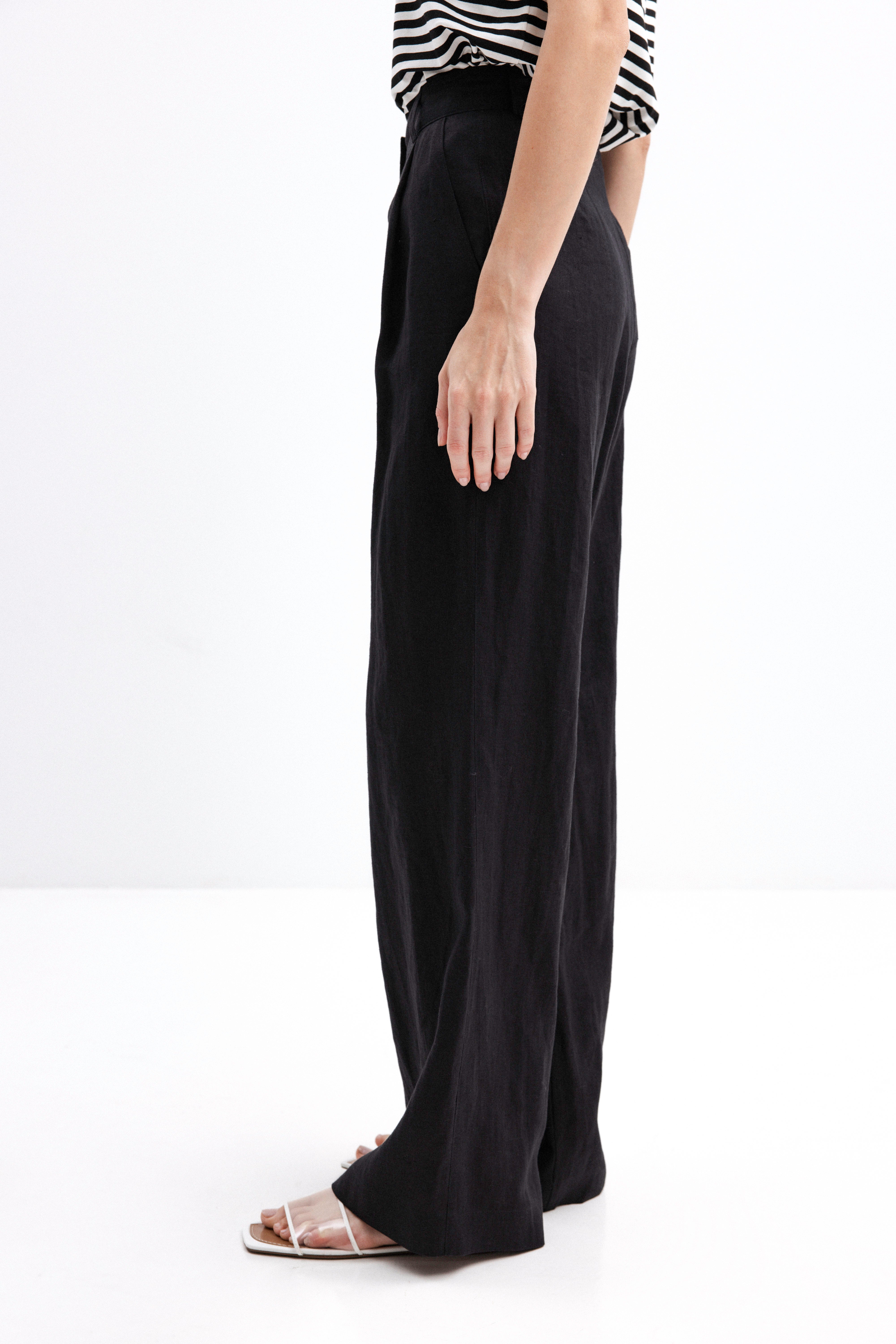 BLACK WIDE-LEG LINEN TROUSERS