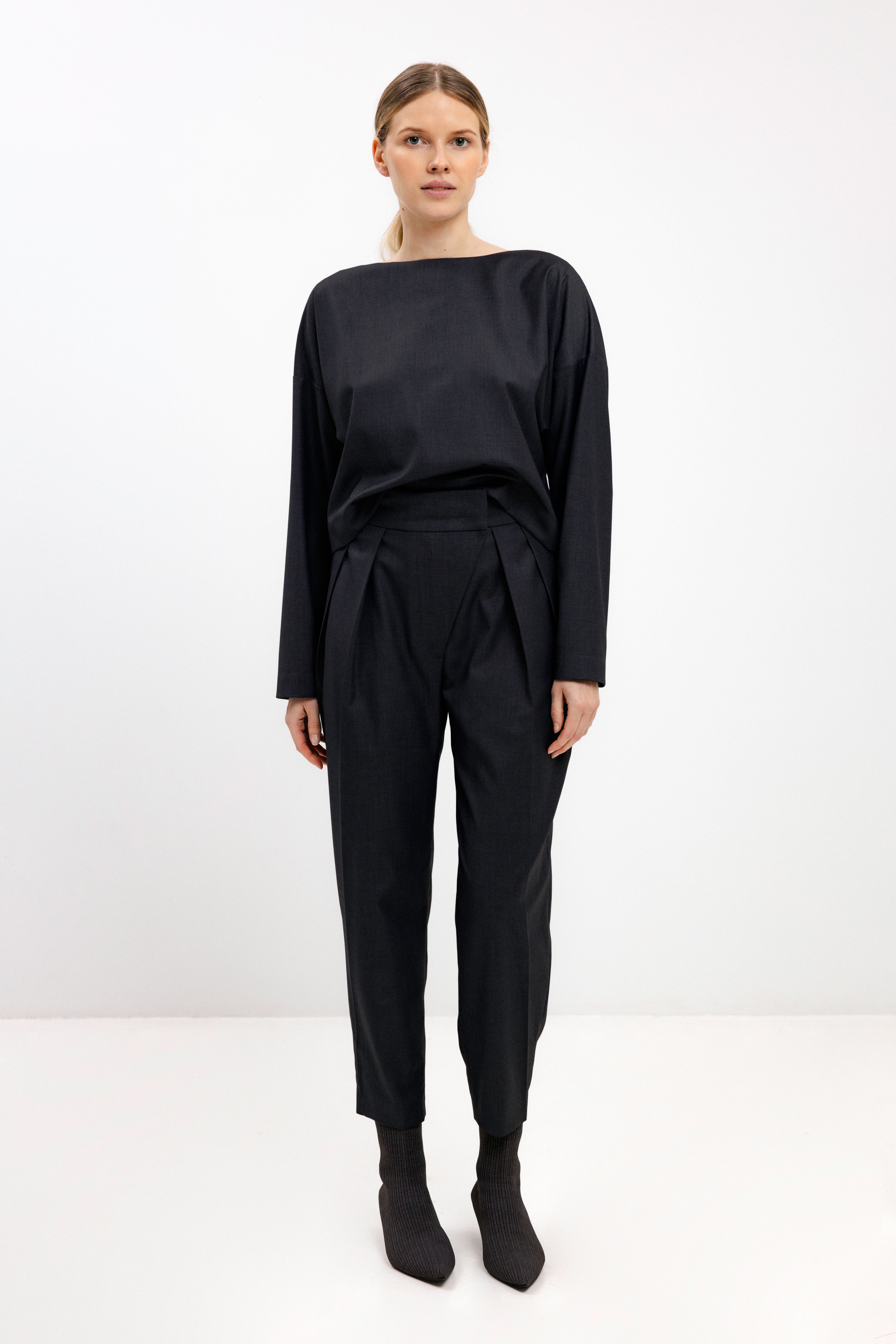 BLACK NAVY TAPERED DOUBLE-PLEAT TROUSERS