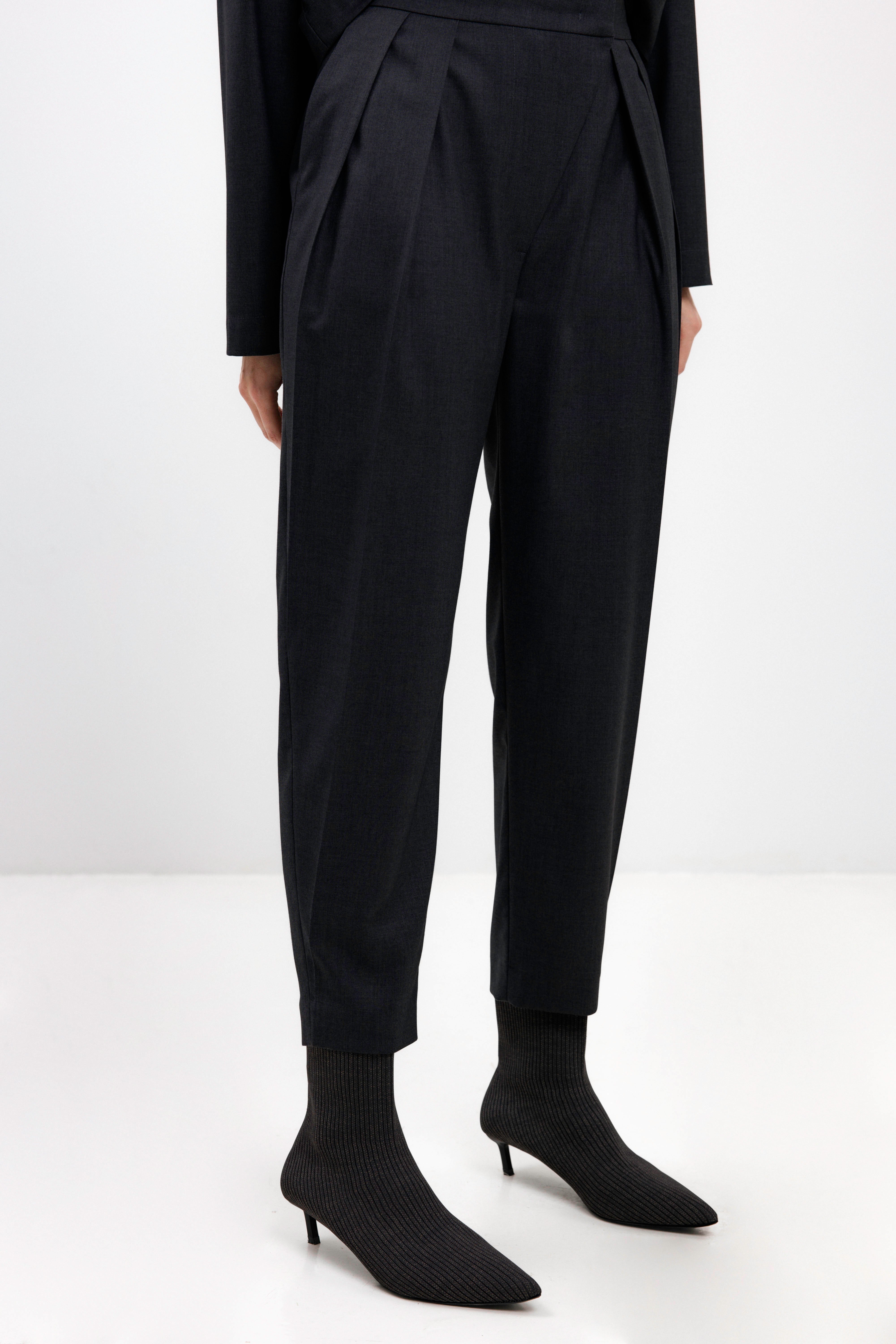 BLACK NAVY TAPERED DOUBLE-PLEAT TROUSERS