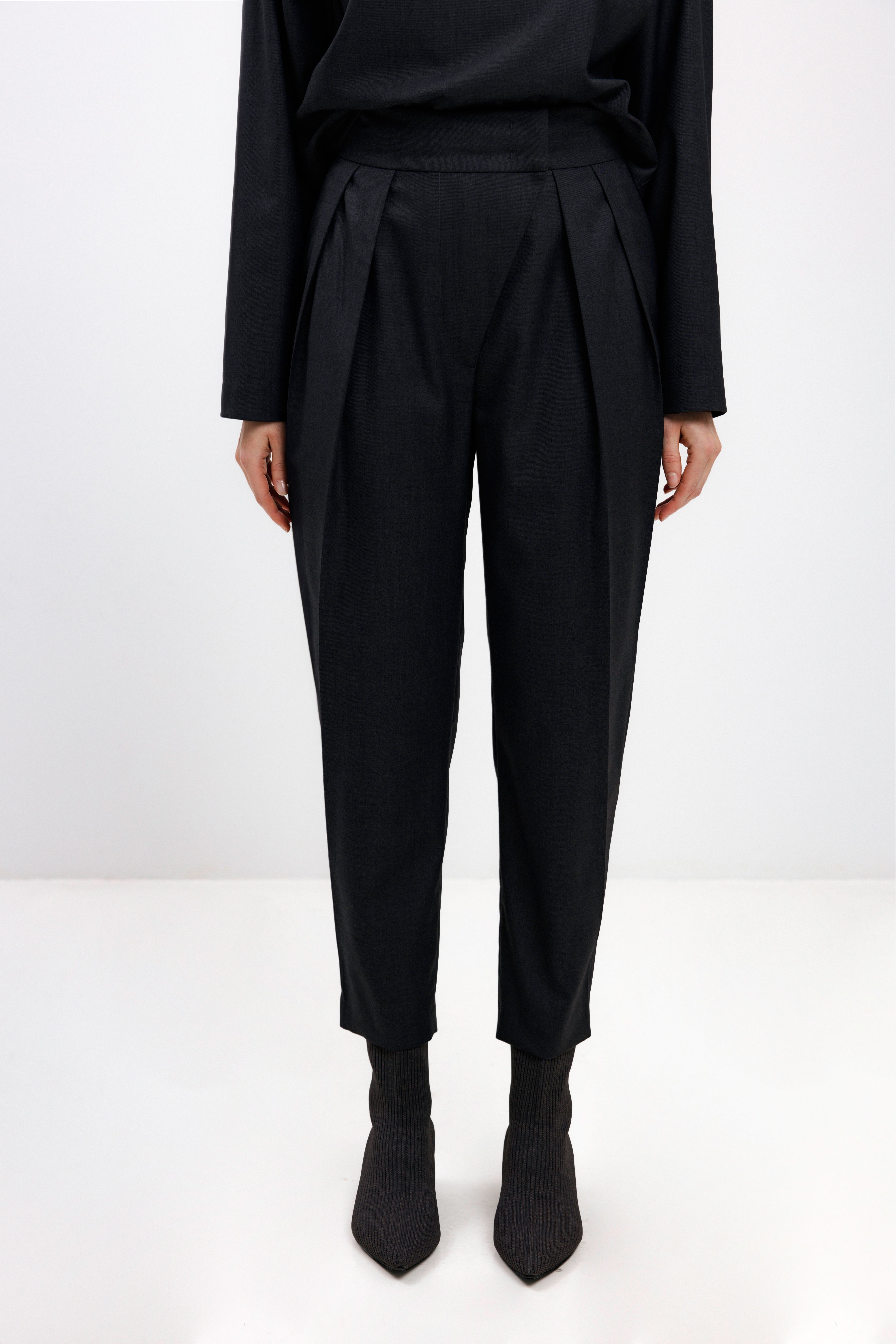 BLACK NAVY TAPERED DOUBLE-PLEAT TROUSERS