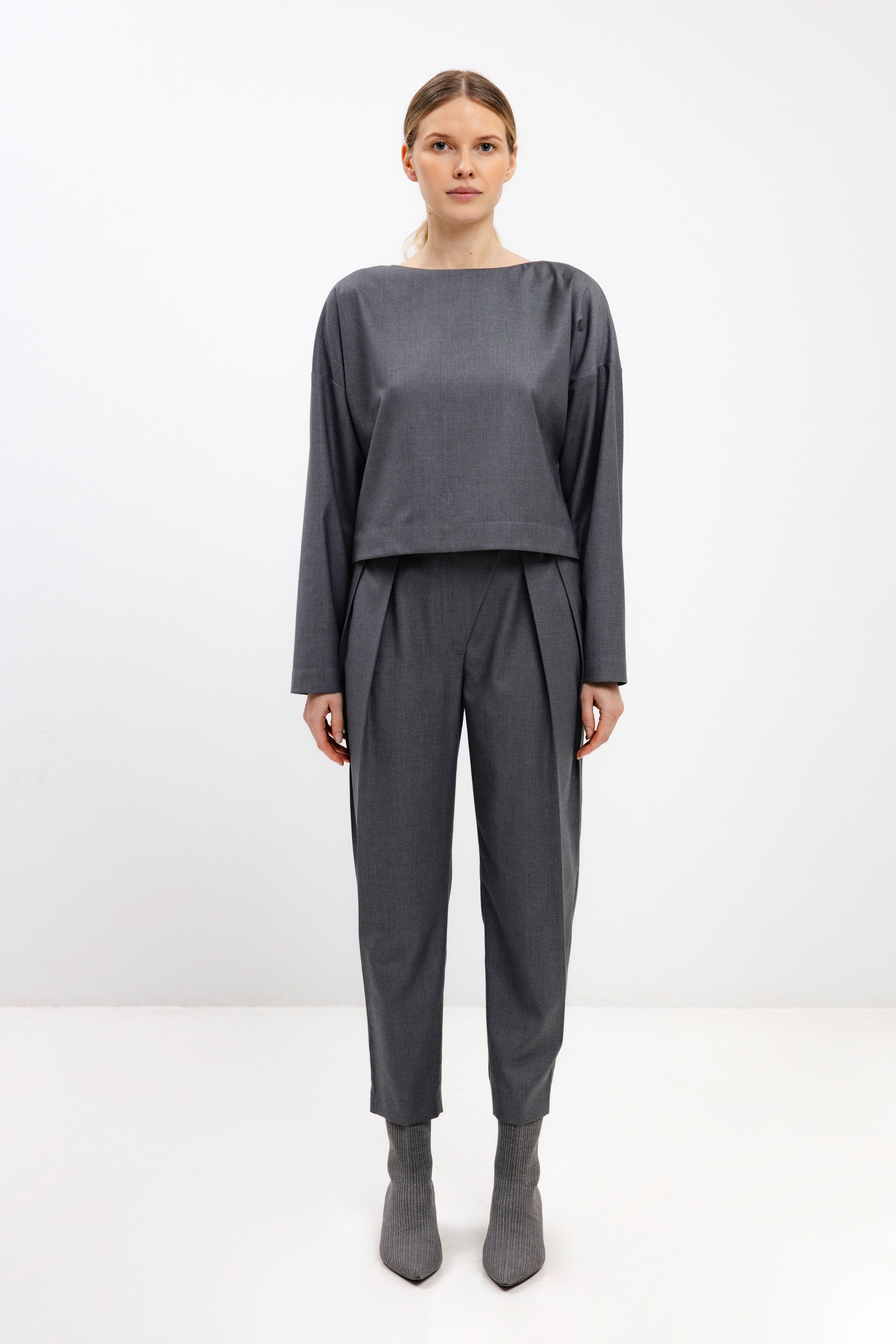 GREY TAPERED DOUBLE-PLEAT TROUSERS