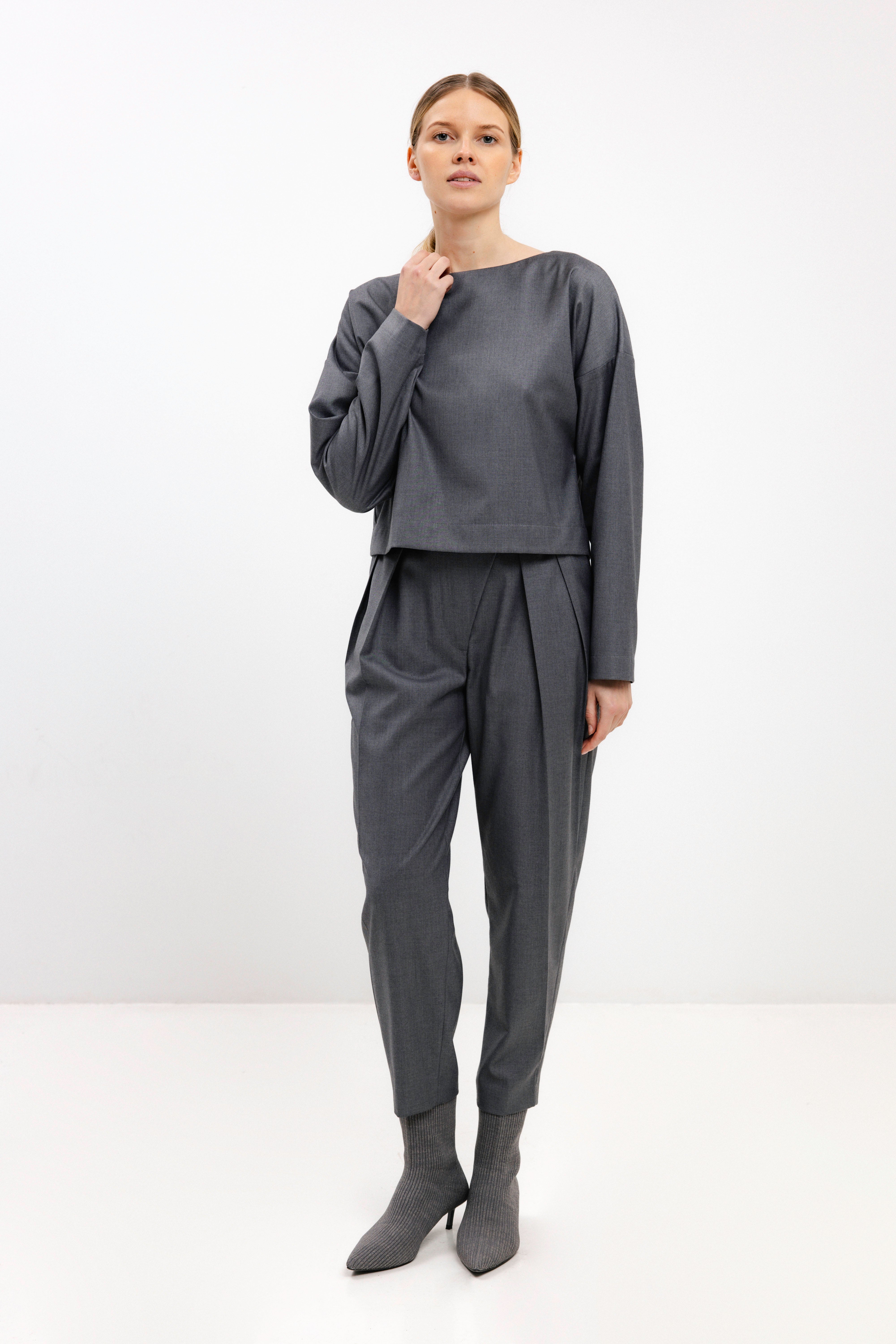 GREY TAPERED DOUBLE-PLEAT TROUSERS
