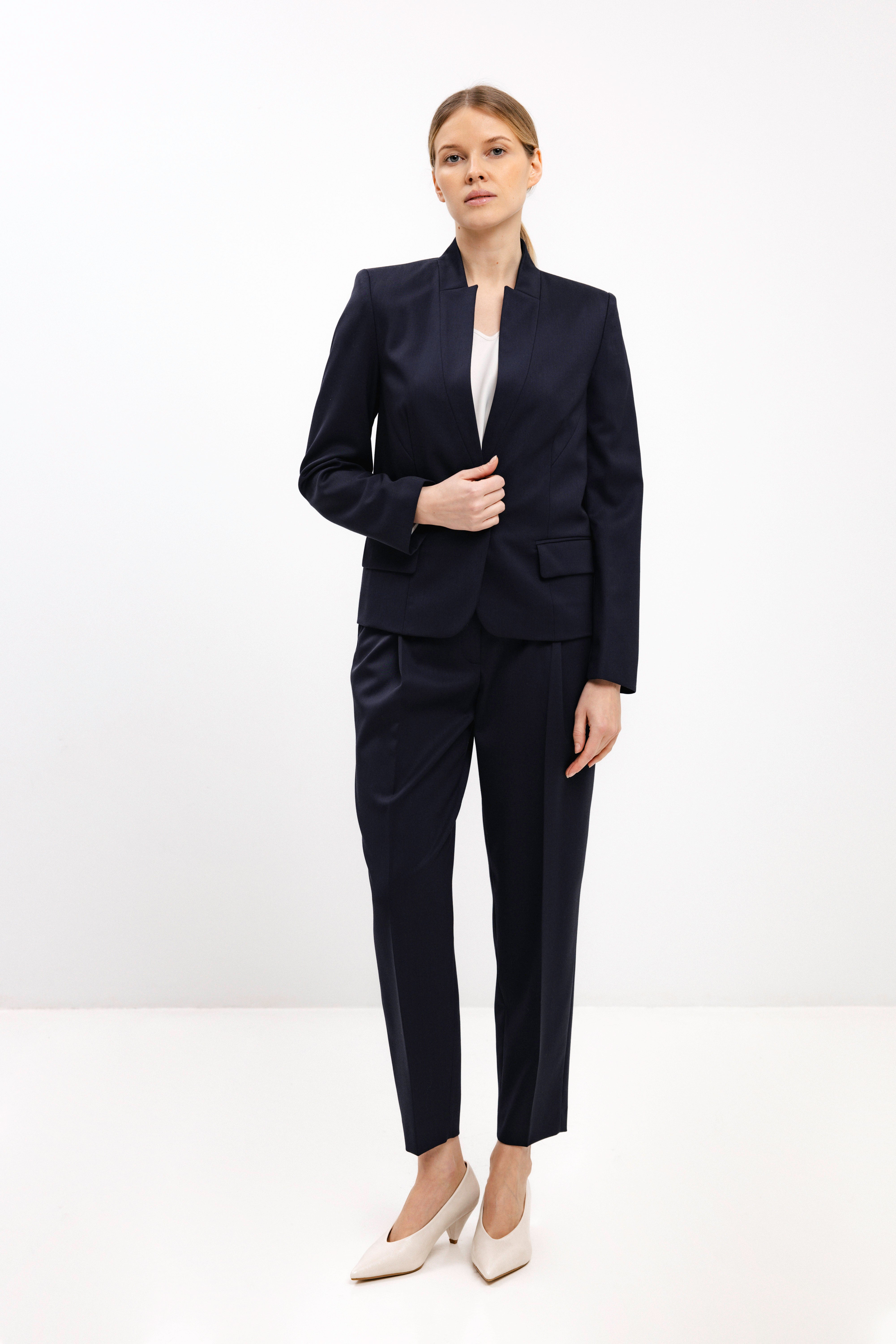 TAPERED NAVY TROUSERS WITH FRONT PLEATS
