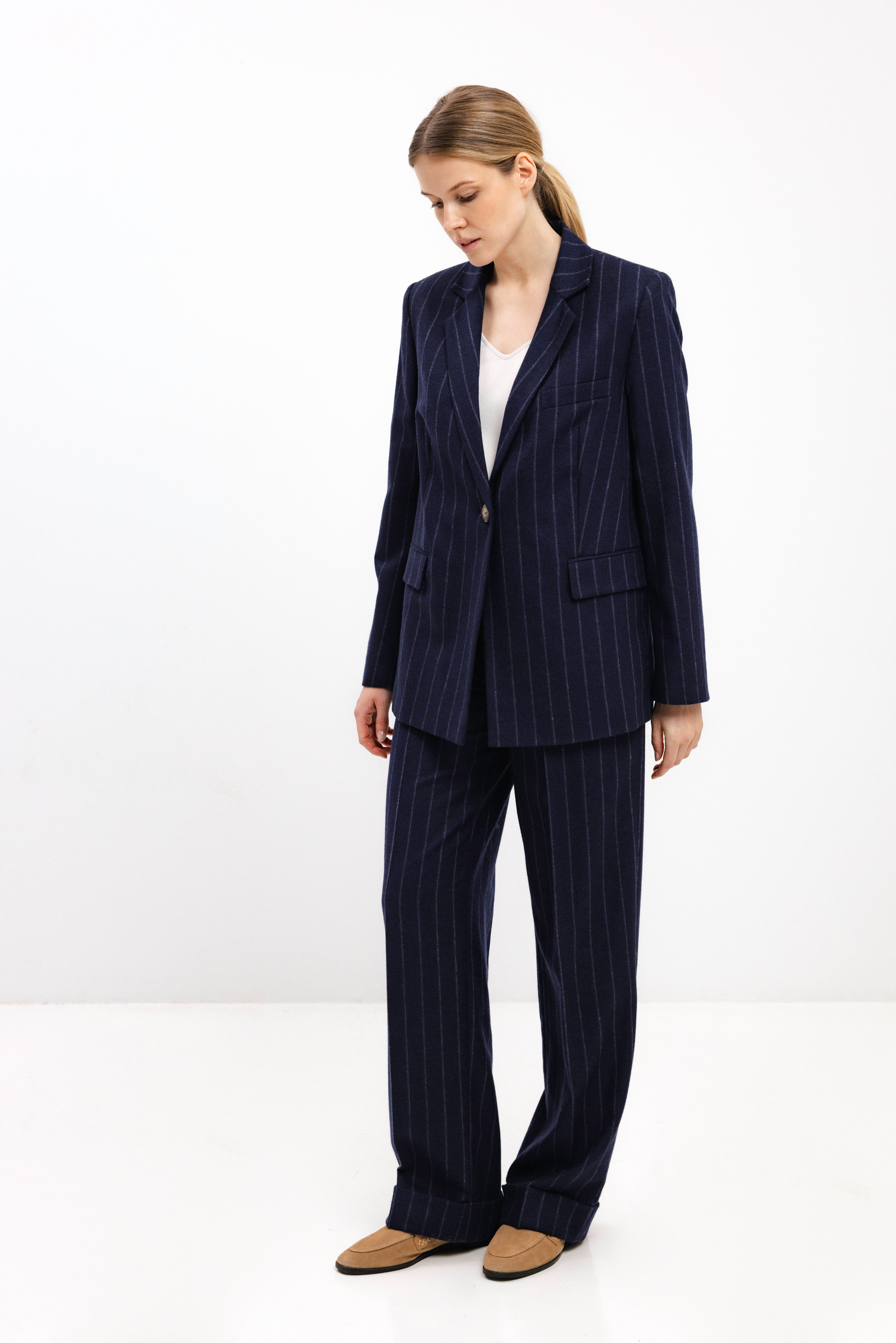 NAVY WOOL PINSTRIPE TROUSERS