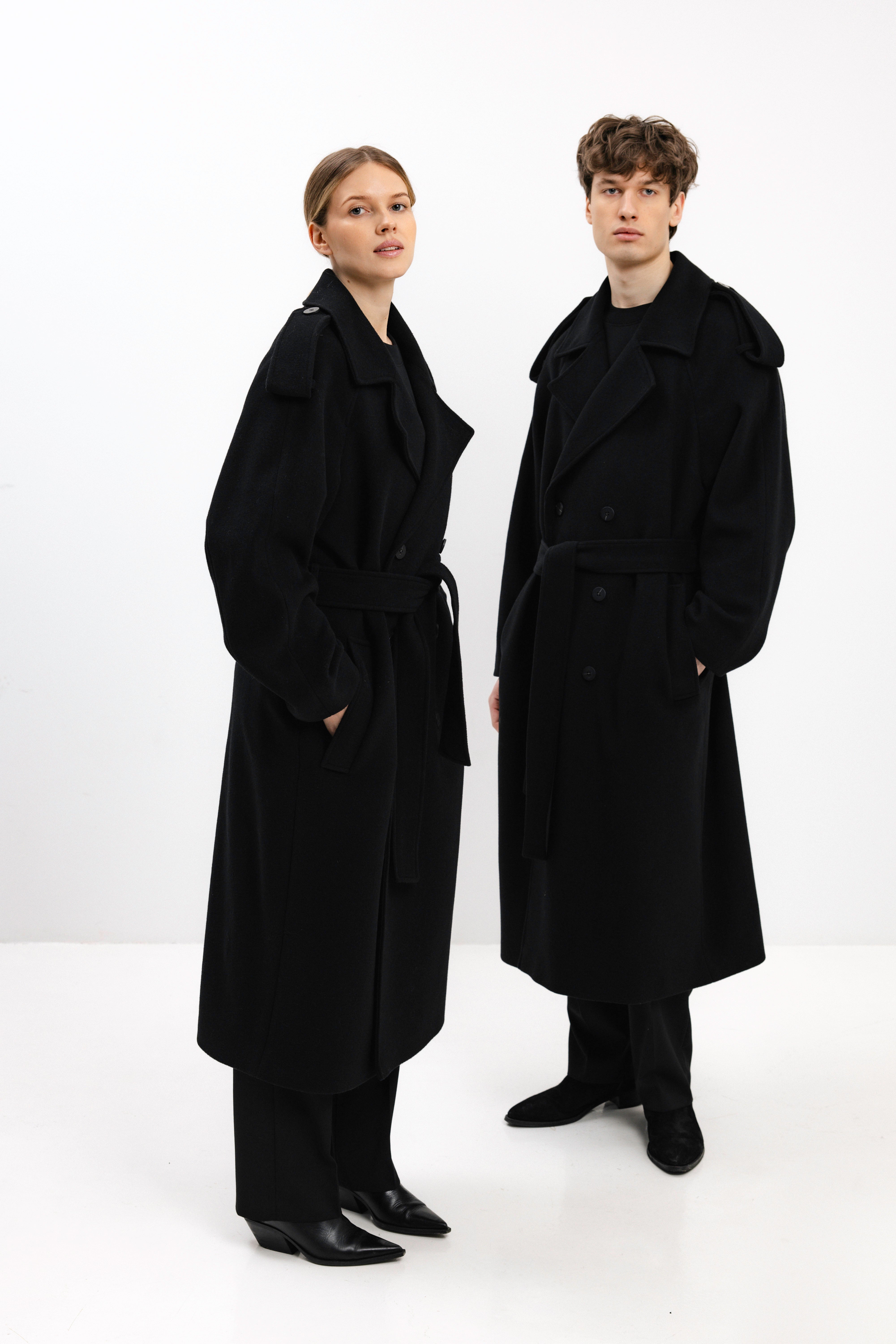 UNISEX LONG BLACK DOUBLE-BREASTED WOOL COAT
