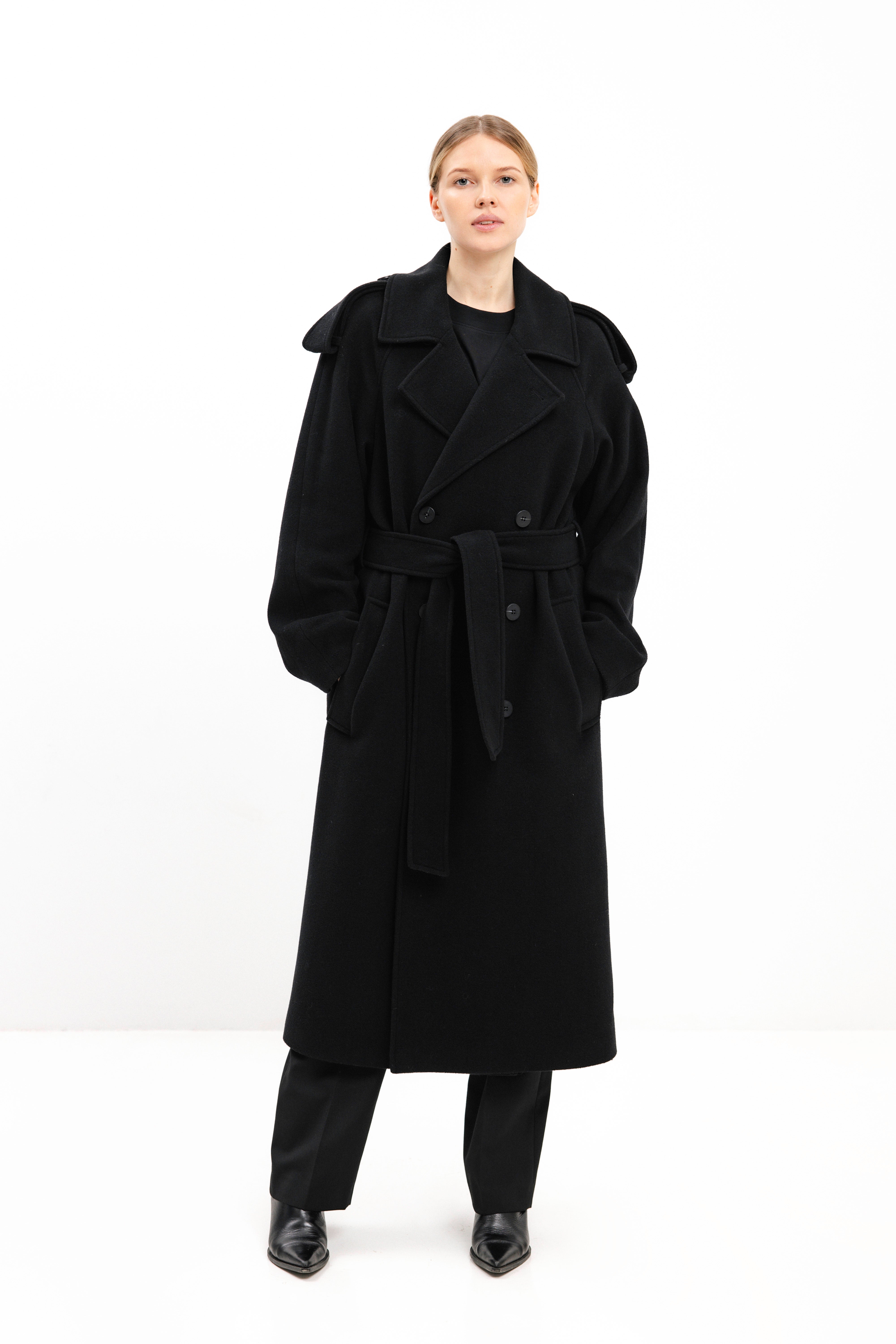 UNISEX LONG BLACK DOUBLE-BREASTED WOOL COAT