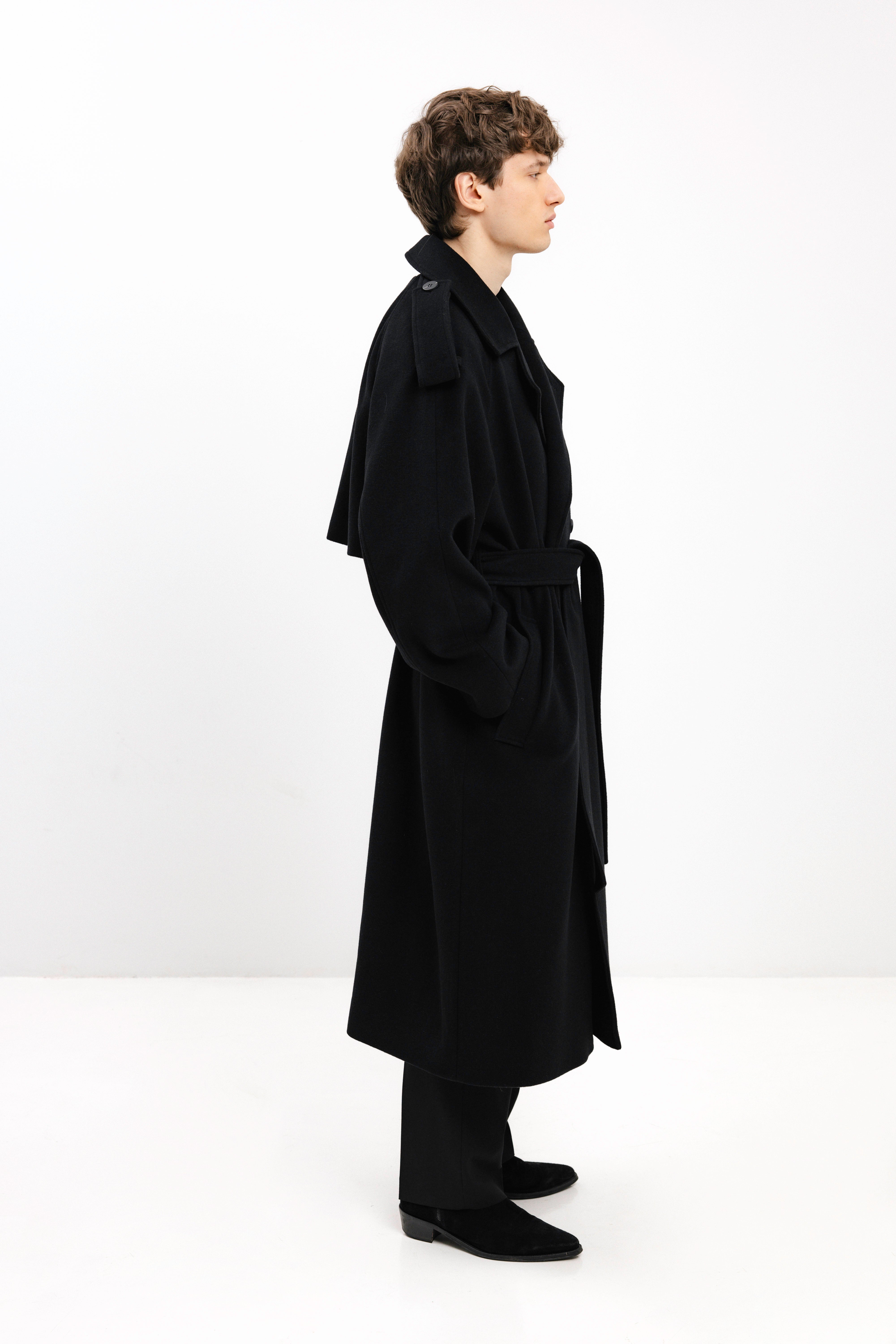 UNISEX LONG BLACK DOUBLE-BREASTED WOOL COAT