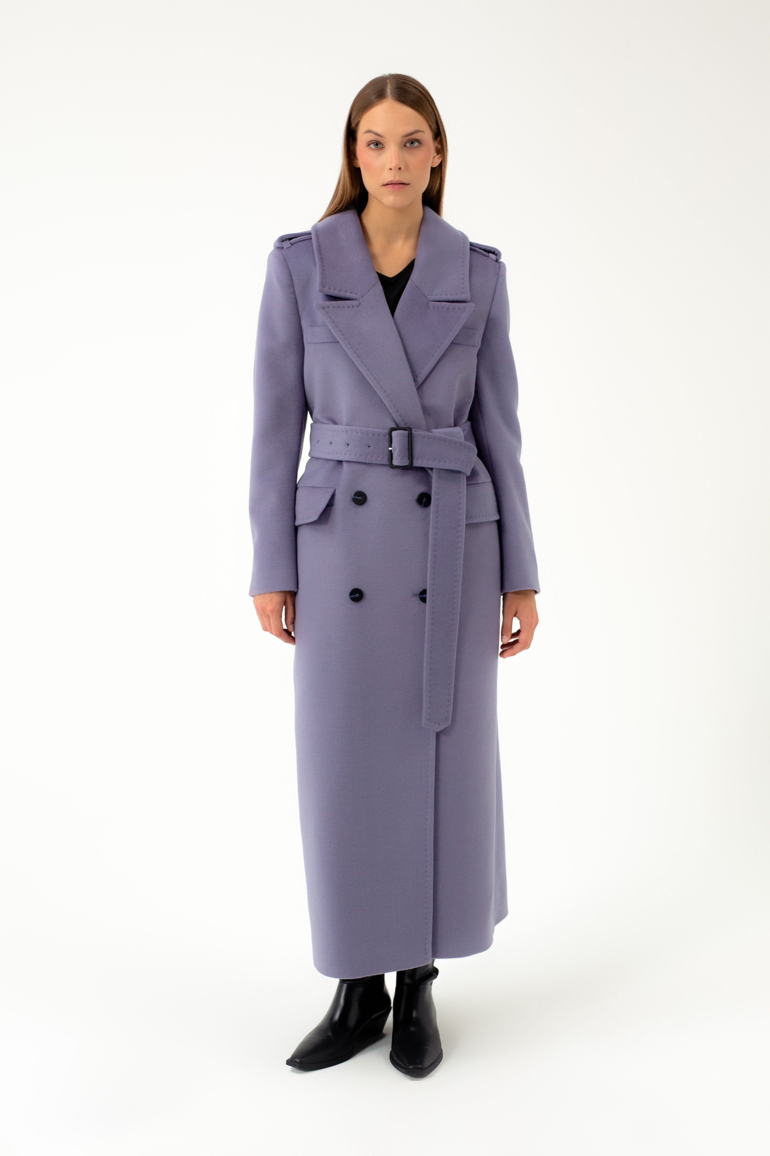 LONG DOUBLE-BREASTED WOOL COAT WITH BELT