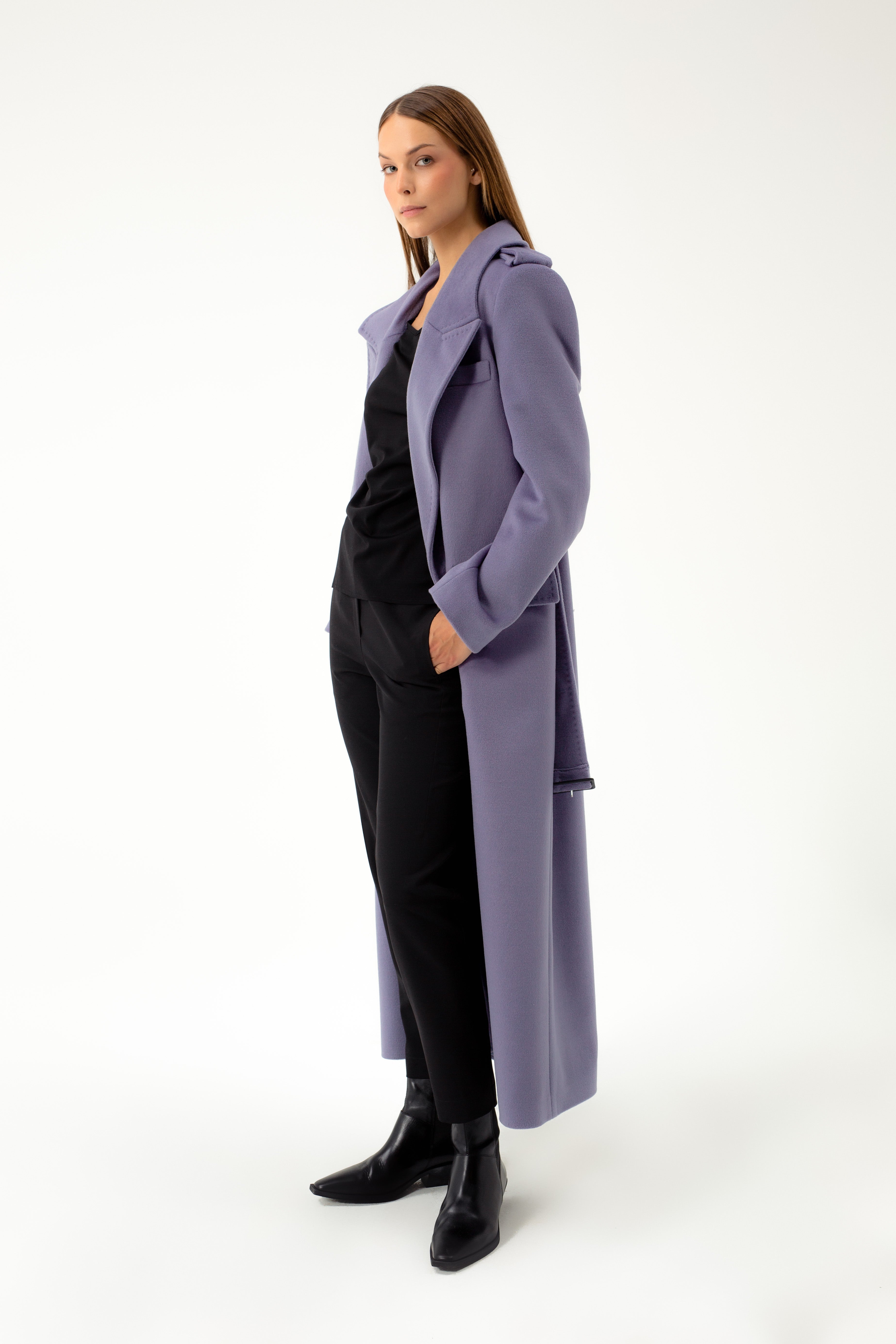 LONG DOUBLE-BREASTED WOOL COAT WITH BELT