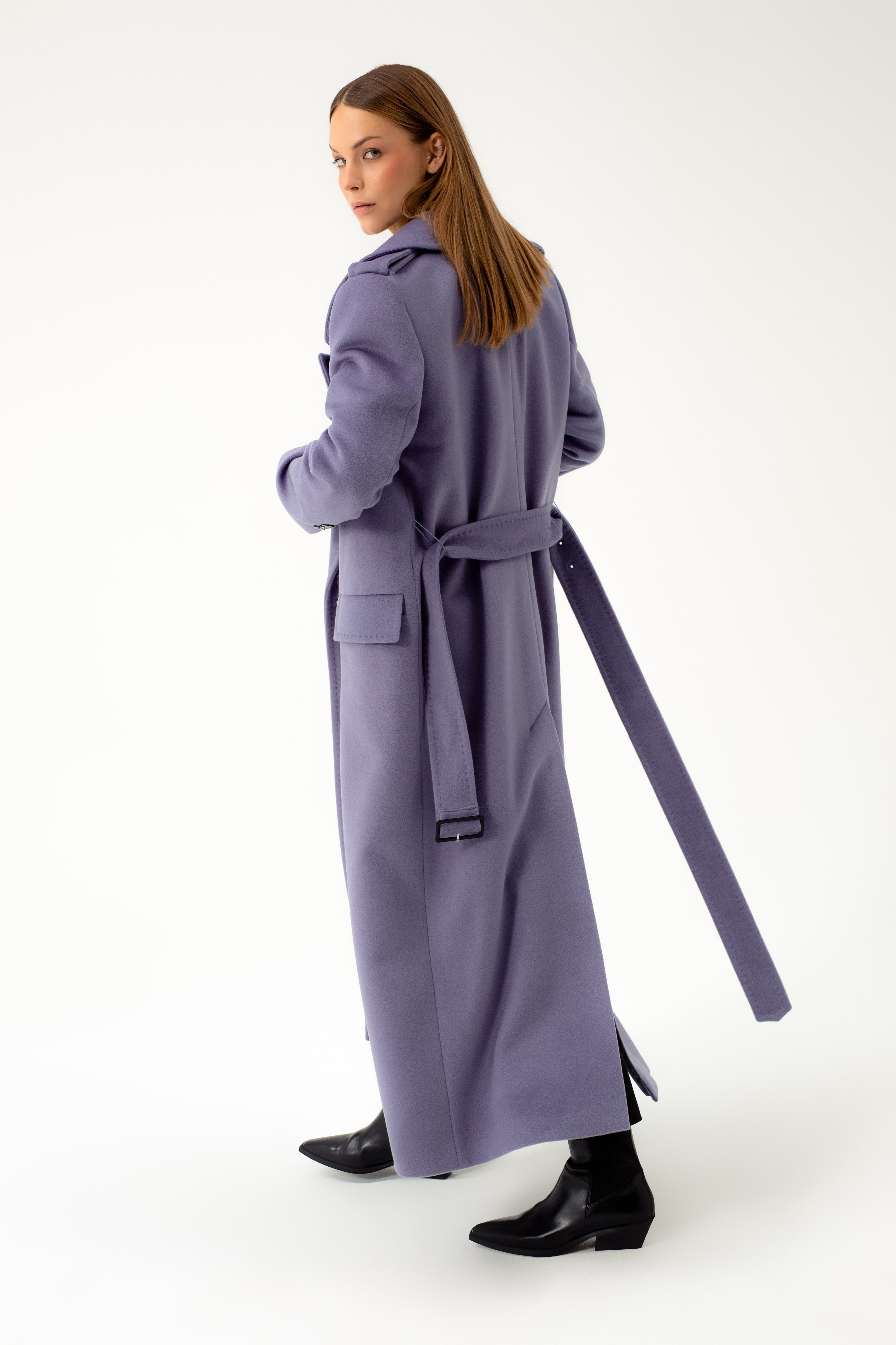 LONG DOUBLE-BREASTED WOOL COAT WITH BELT