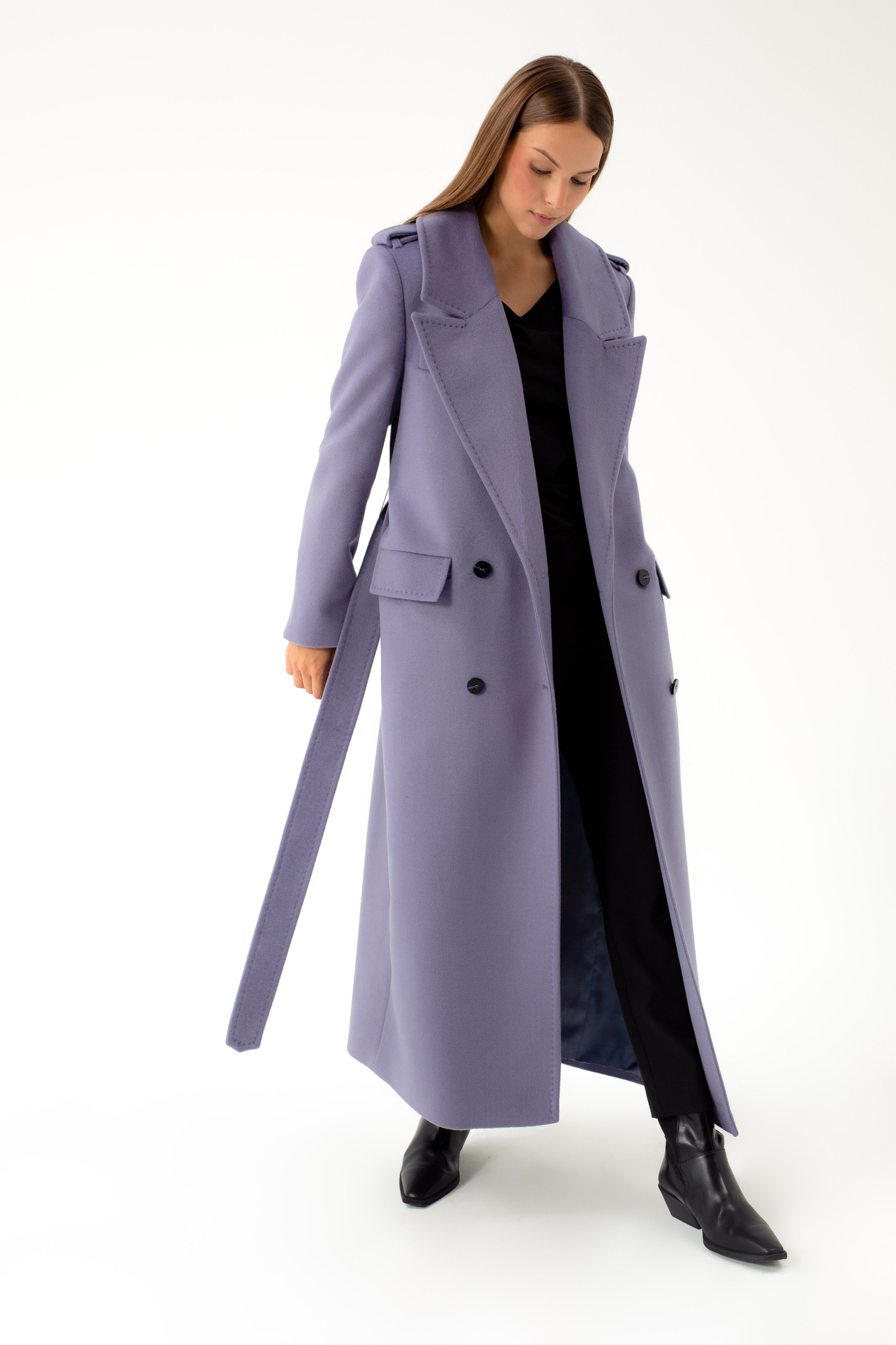 LONG DOUBLE-BREASTED WOOL COAT WITH BELT