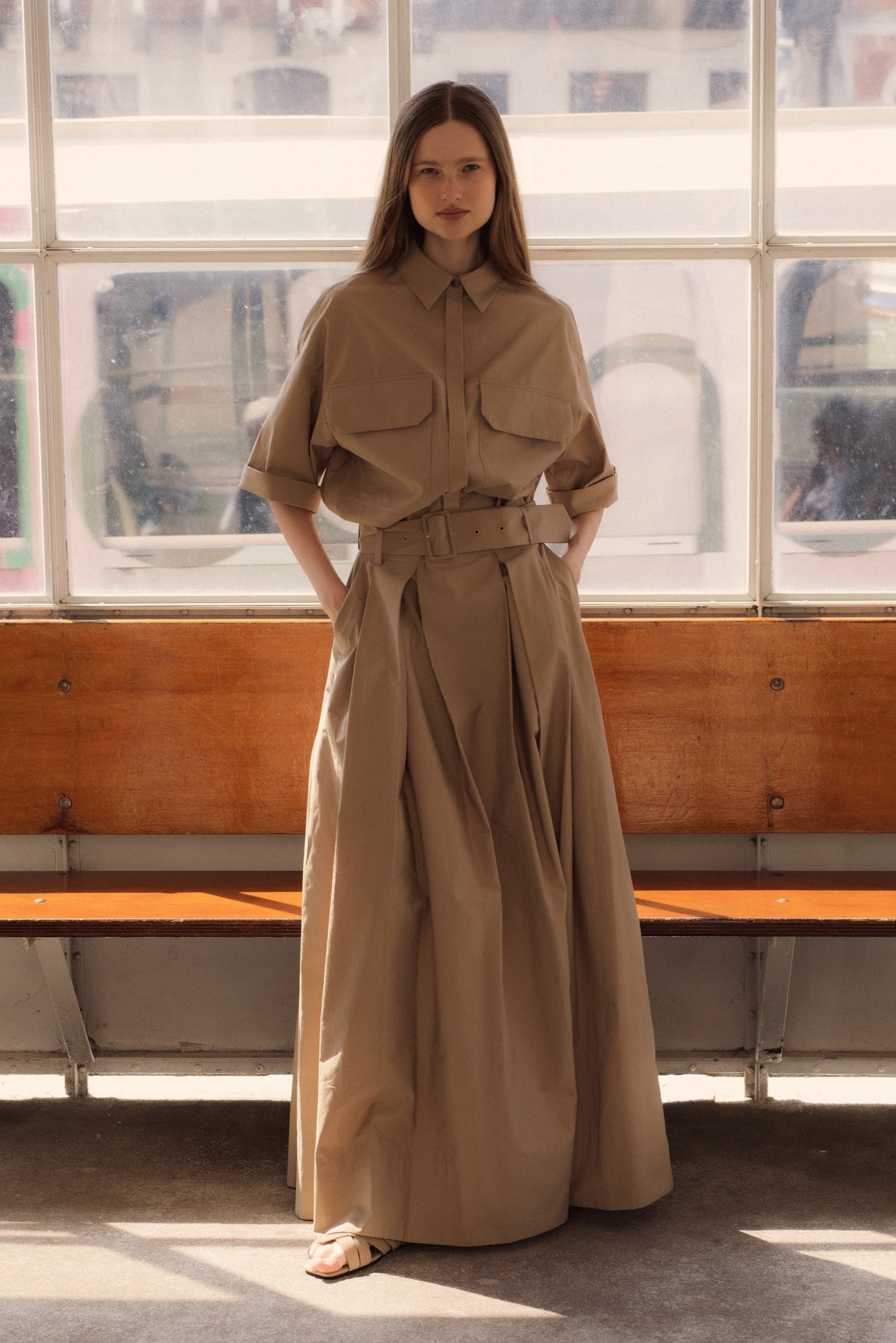 SAND-COLORED MAXI SKIRT WITH PLEATS