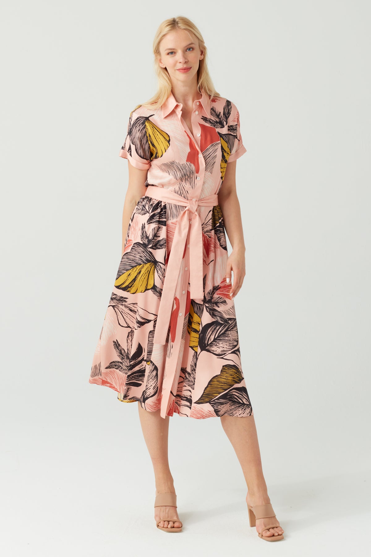 FLORAL TIE WAIST VISCOSE DRESS ROSE
