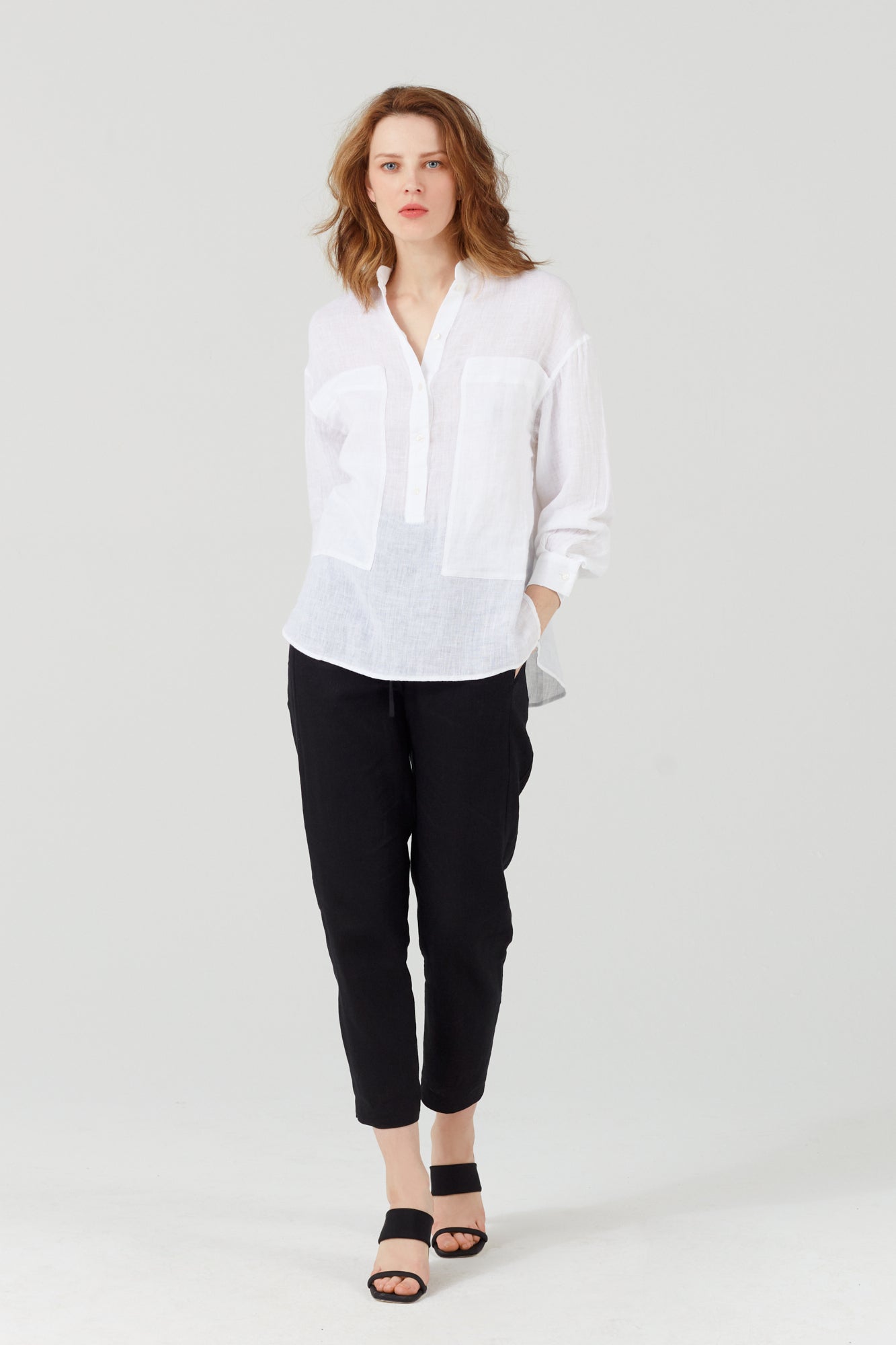 PURE LINEN COLLARLESS SHIRT WHITE