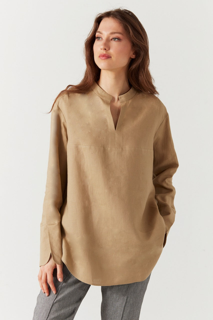 PURE LINEN LONG SLEEVE BLOUSE BEIGE