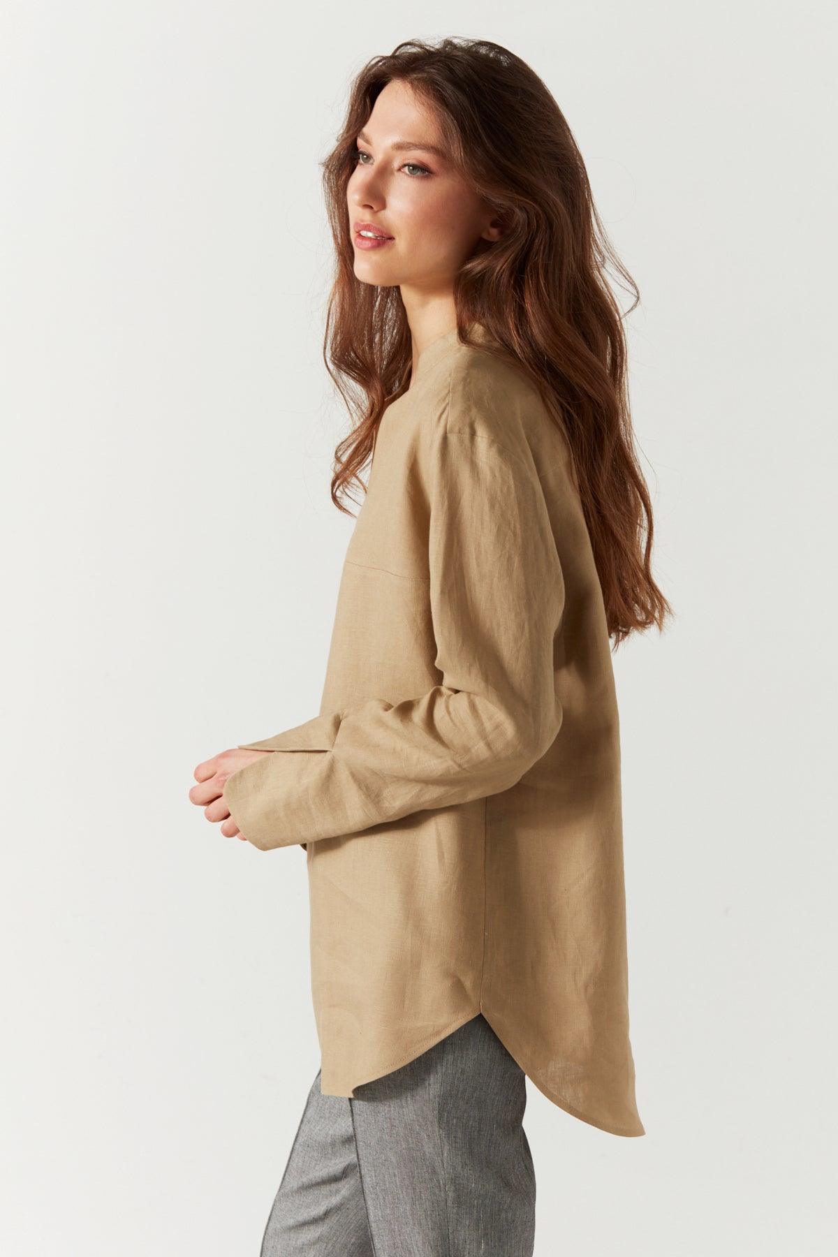 PURE LINEN LONG SLEEVE BLOUSE BEIGE