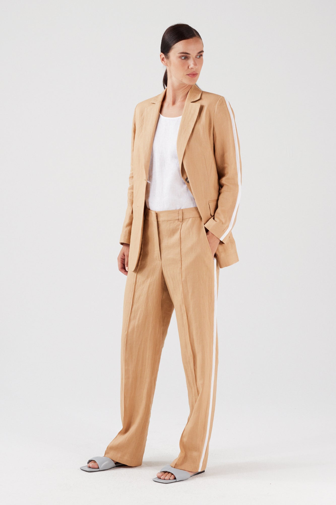 LINEN STRAIGHT LEG TROUSERS WITH STRIPE