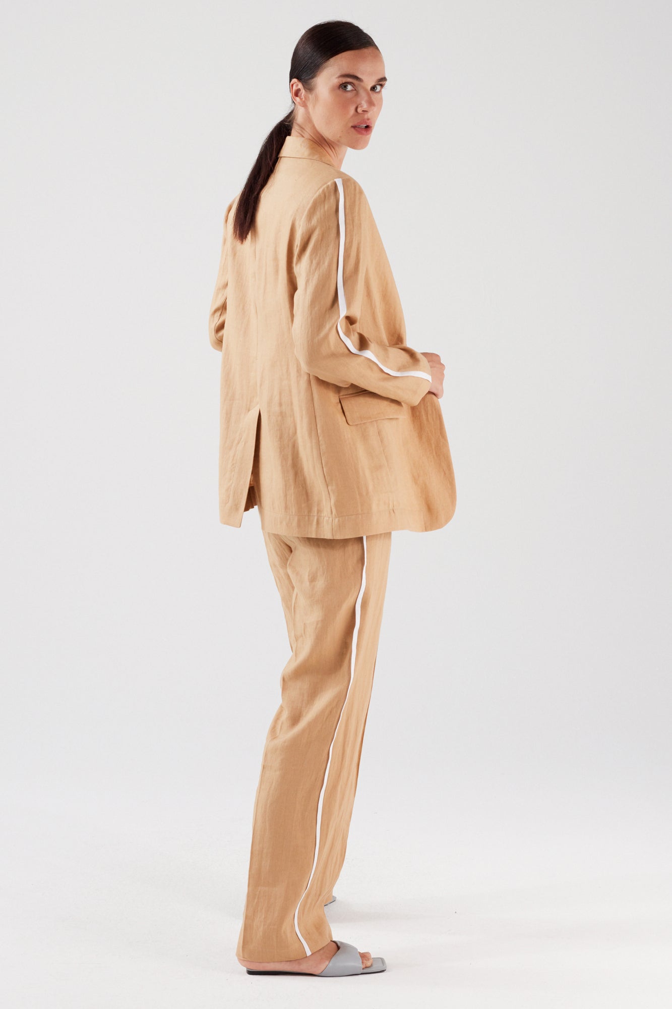 LINEN STRAIGHT LEG TROUSERS WITH STRIPE