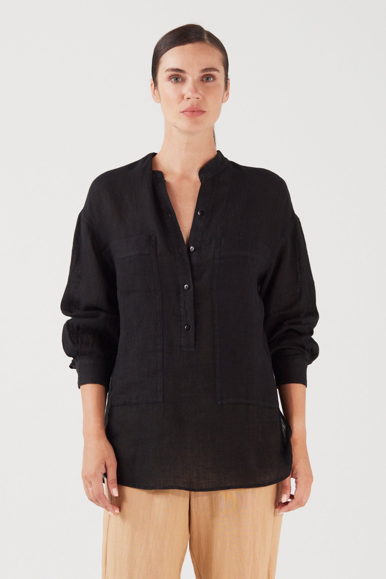 PURE LINEN COLLARLESS SHIRT BLACK