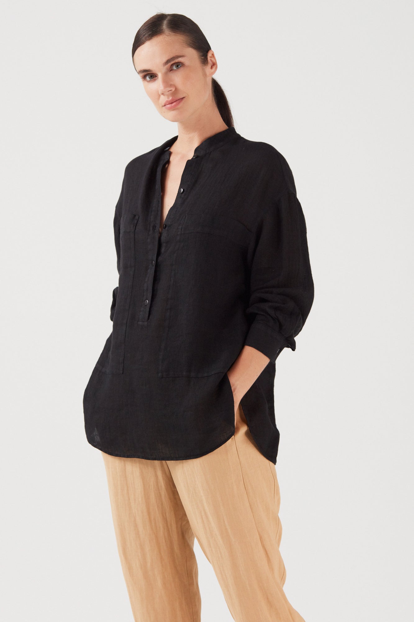 PURE LINEN COLLARLESS SHIRT BLACK  InAvati