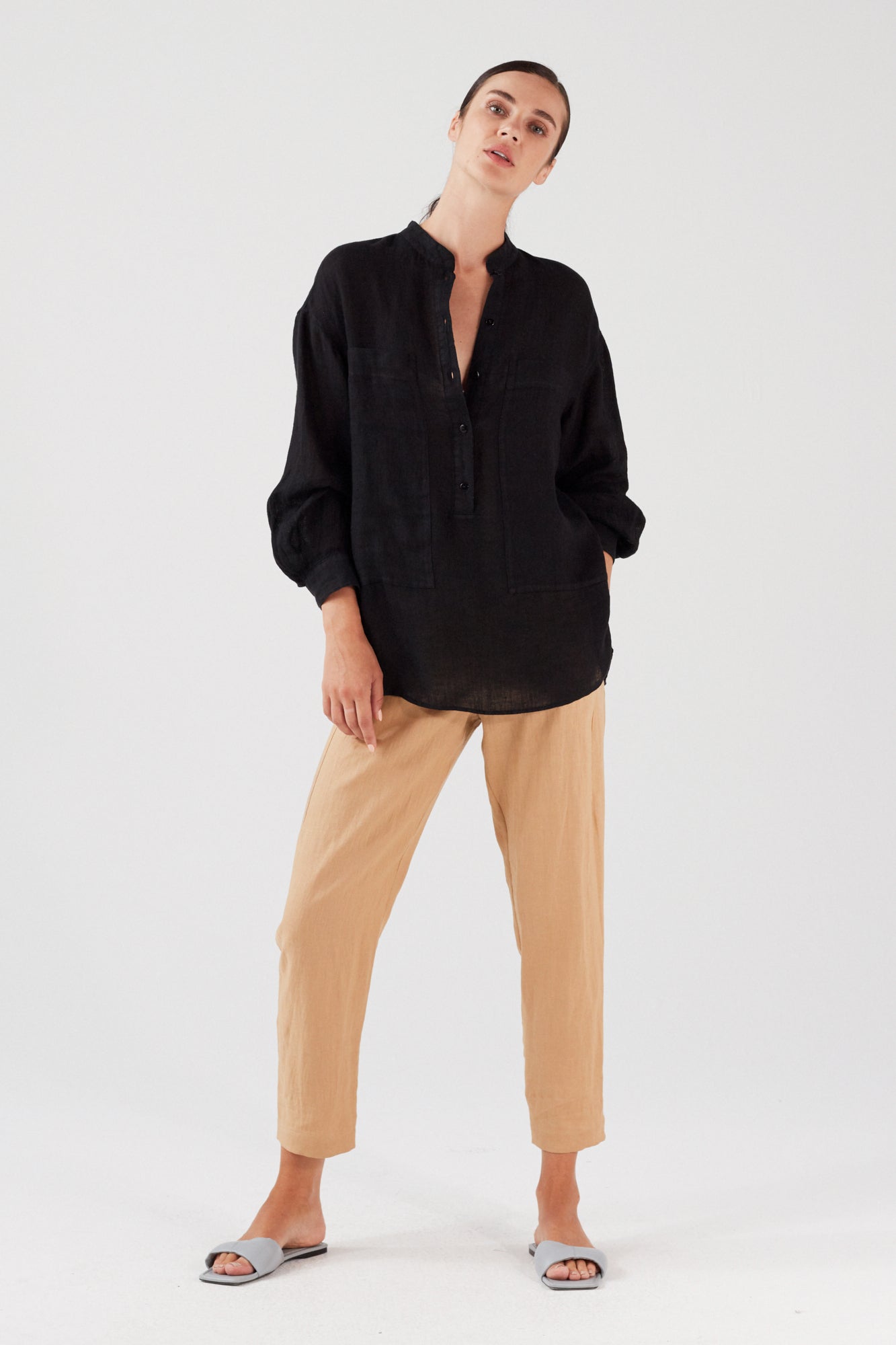 PURE LINEN COLLARLESS SHIRT BLACK  InAvati