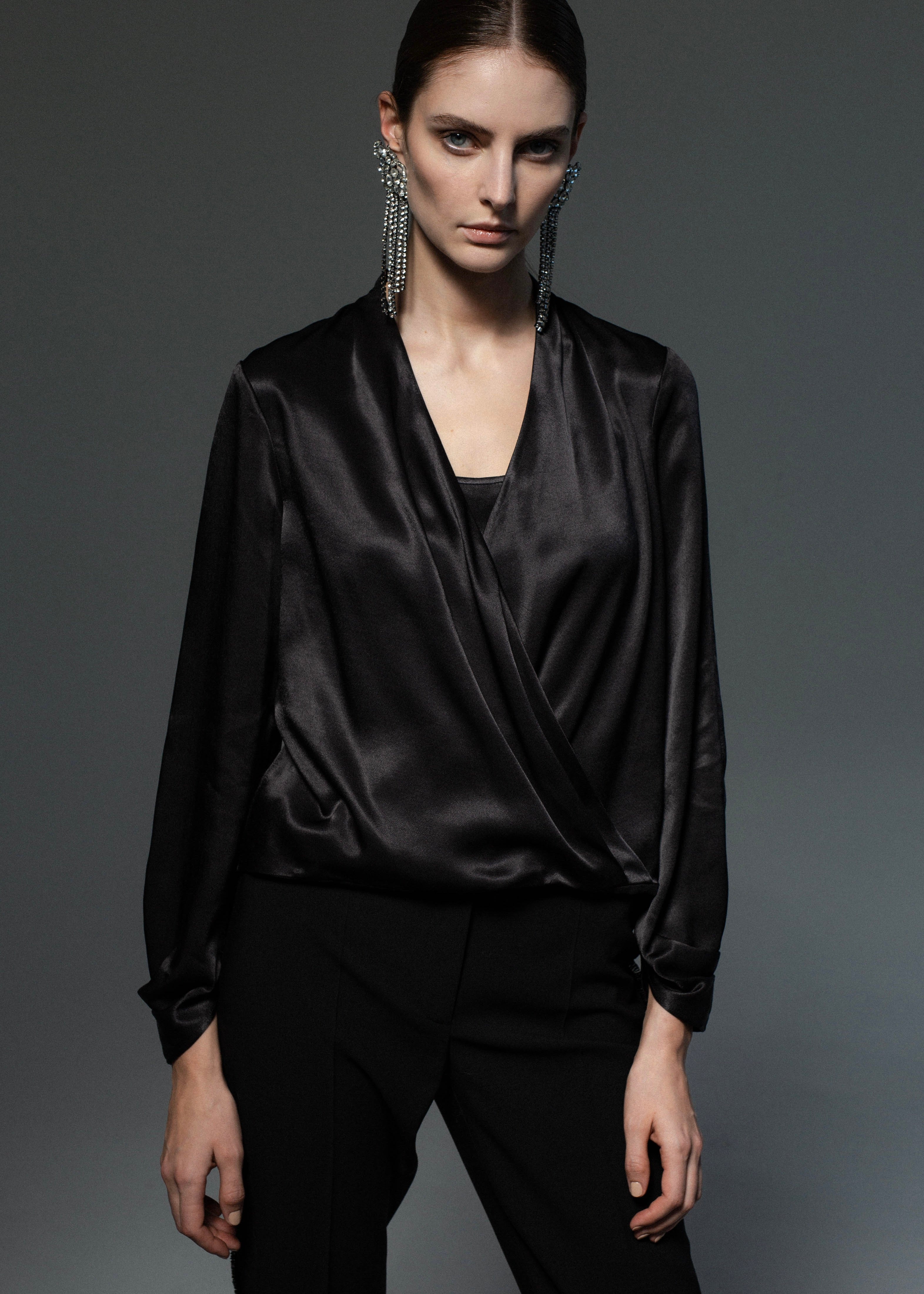 Viscose blouse with crossover front Black