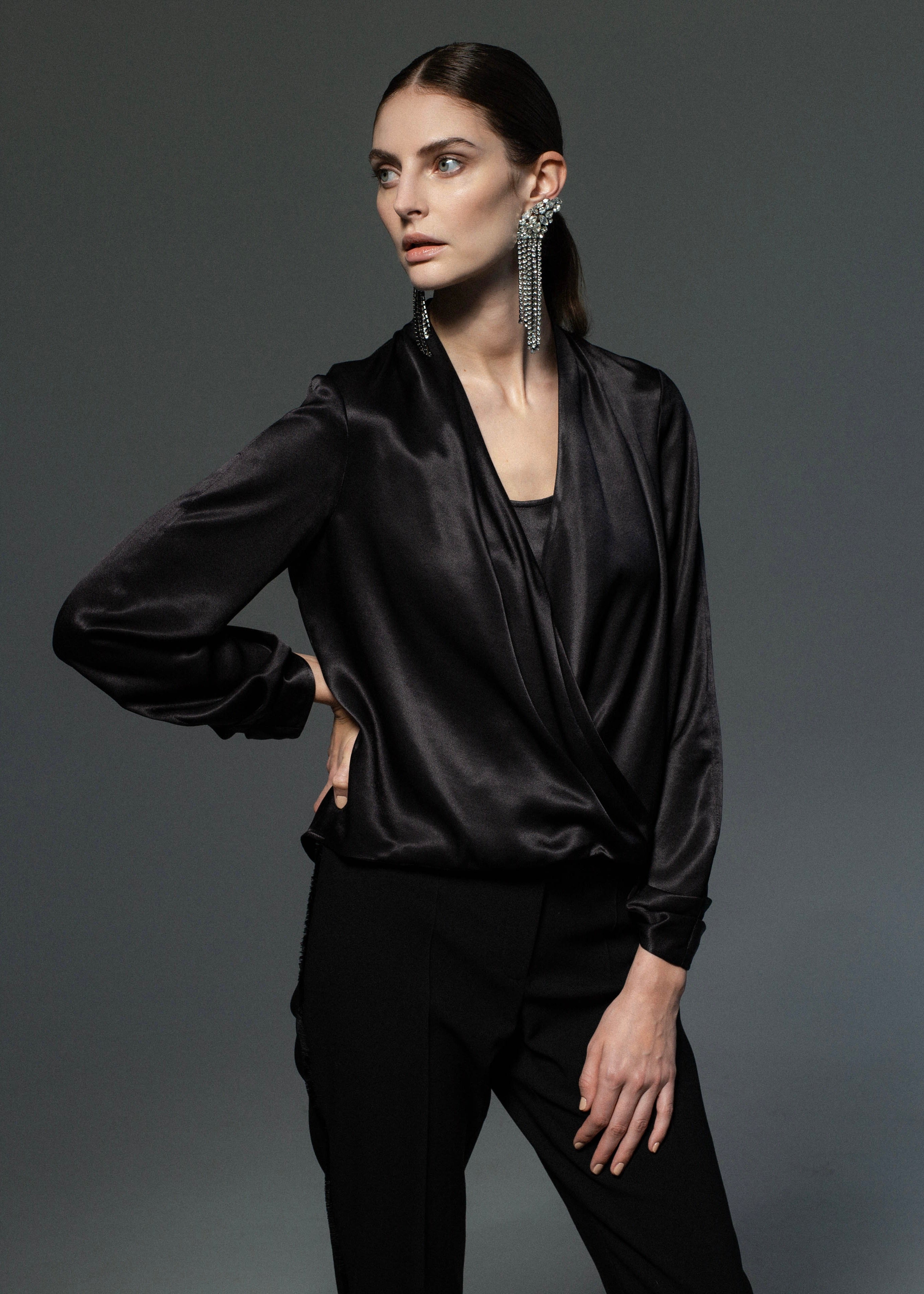 Viscose blouse with crossover front Black