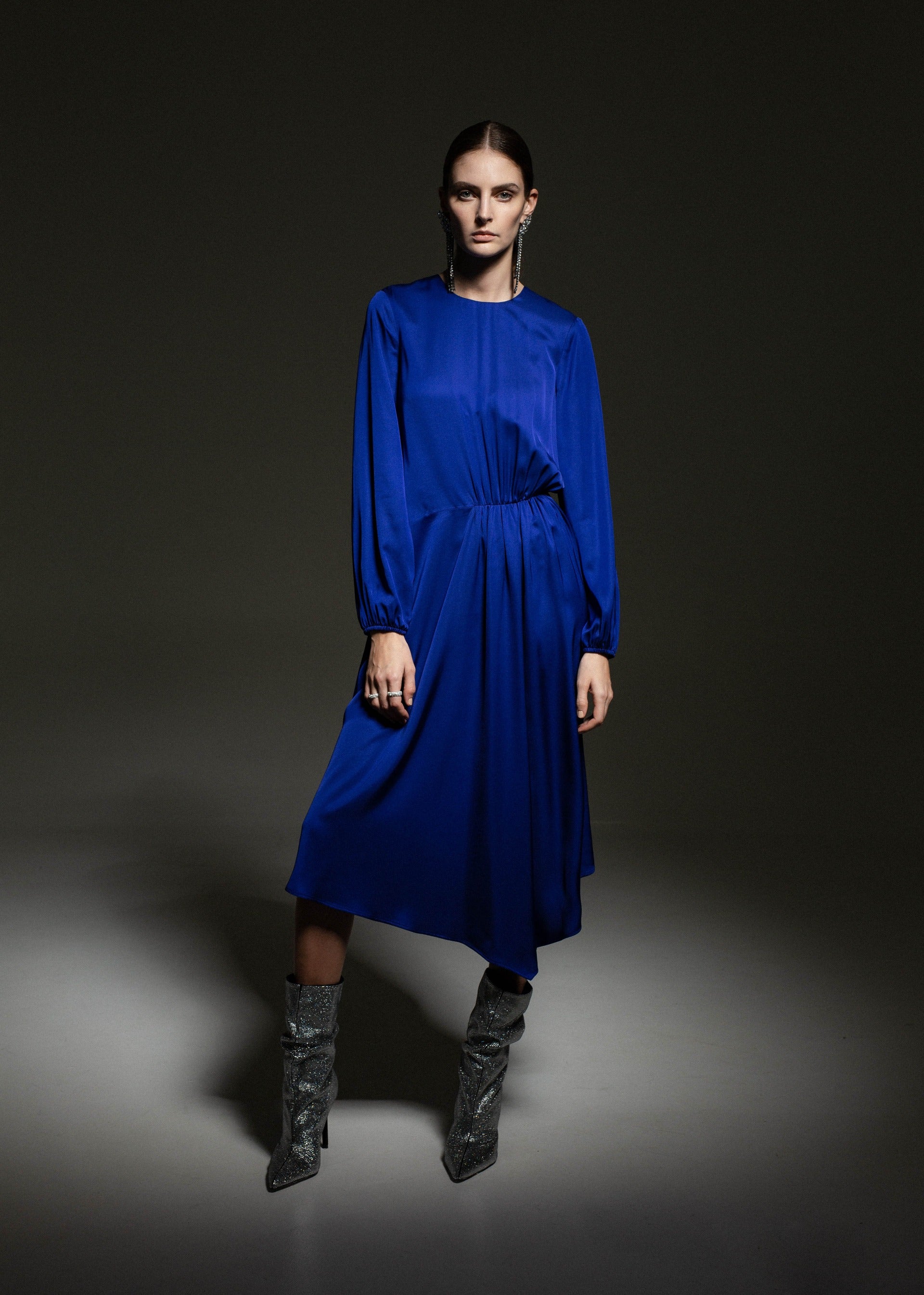 Festive dress with an asymmetric pleat Royal Blue