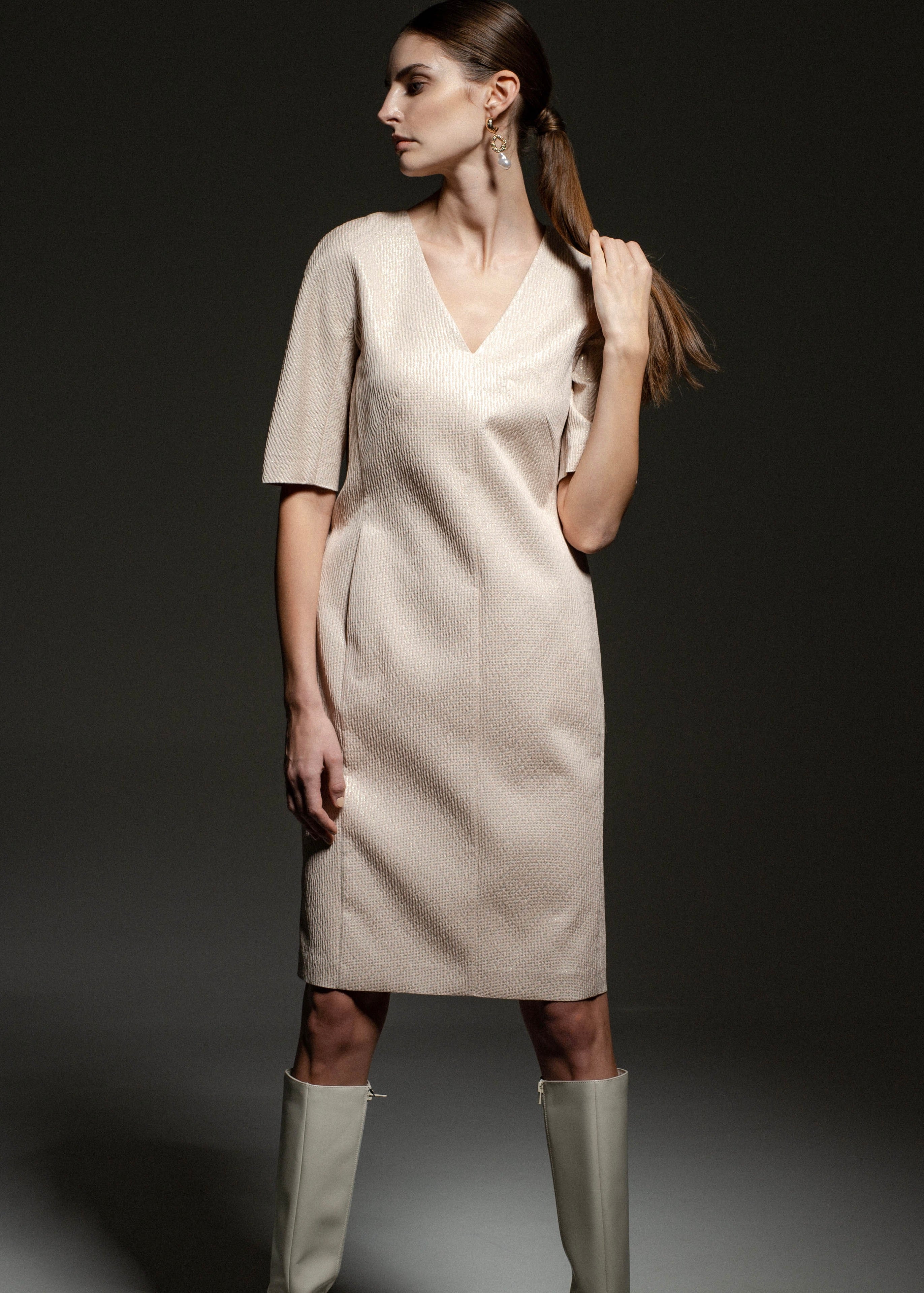 SLIGHTLY FITTED SHINY DRESS WITH V SHAPE NECKLINE