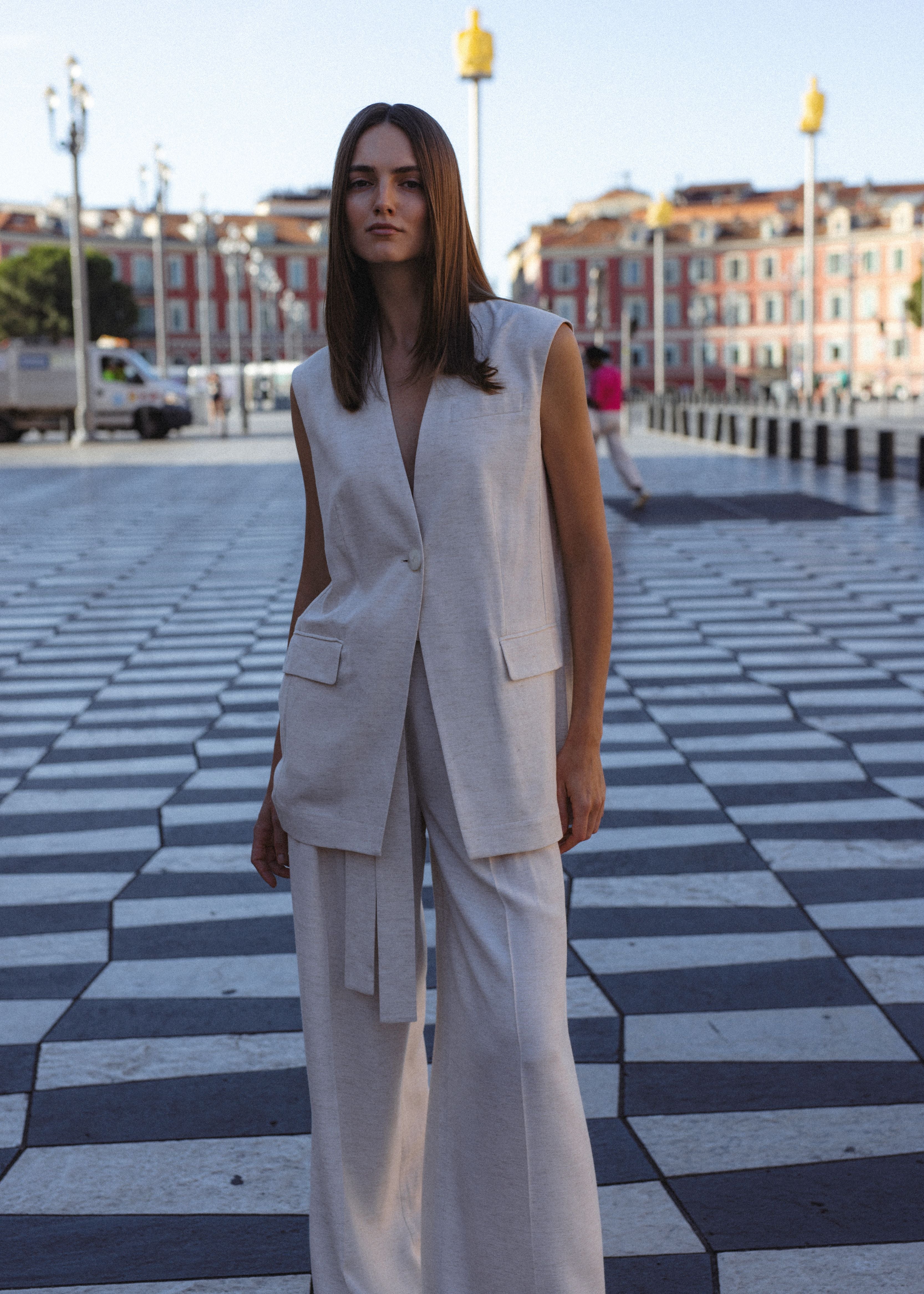 ECRU LONG VEST WITH LINEN – InAvati