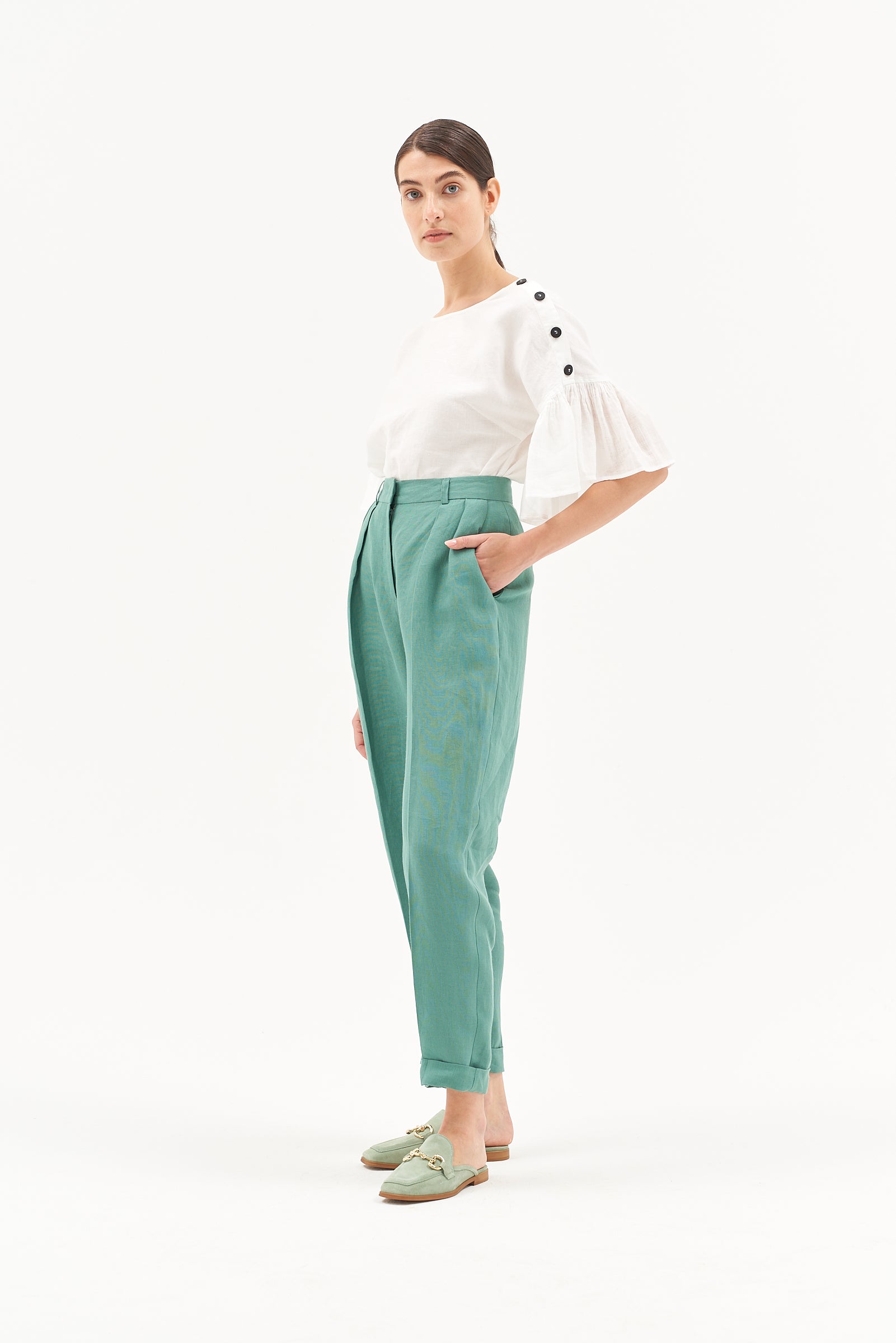 HIGH WAIST LINEN TROUSERS JADE