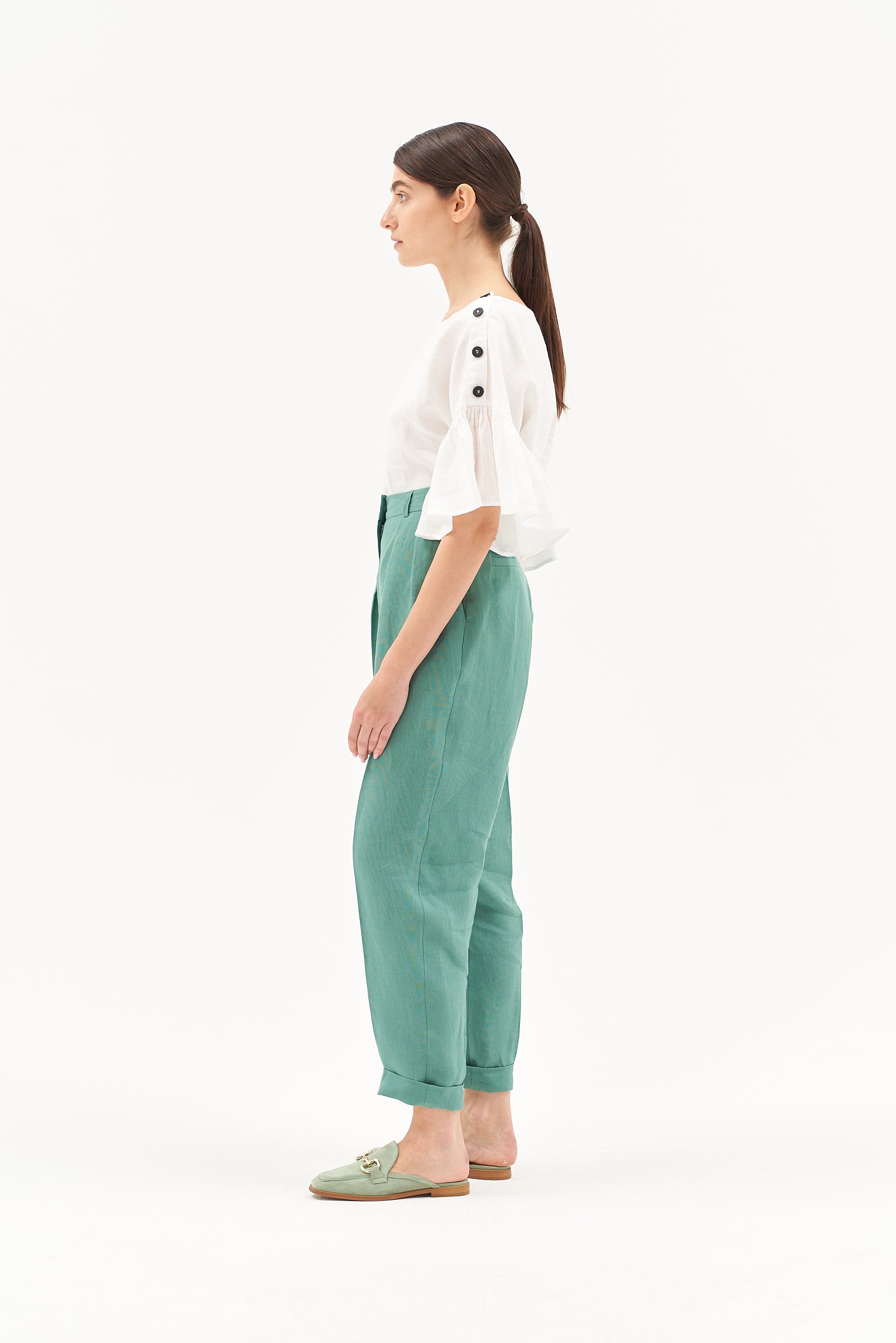 HIGH WAIST LINEN TROUSERS JADE