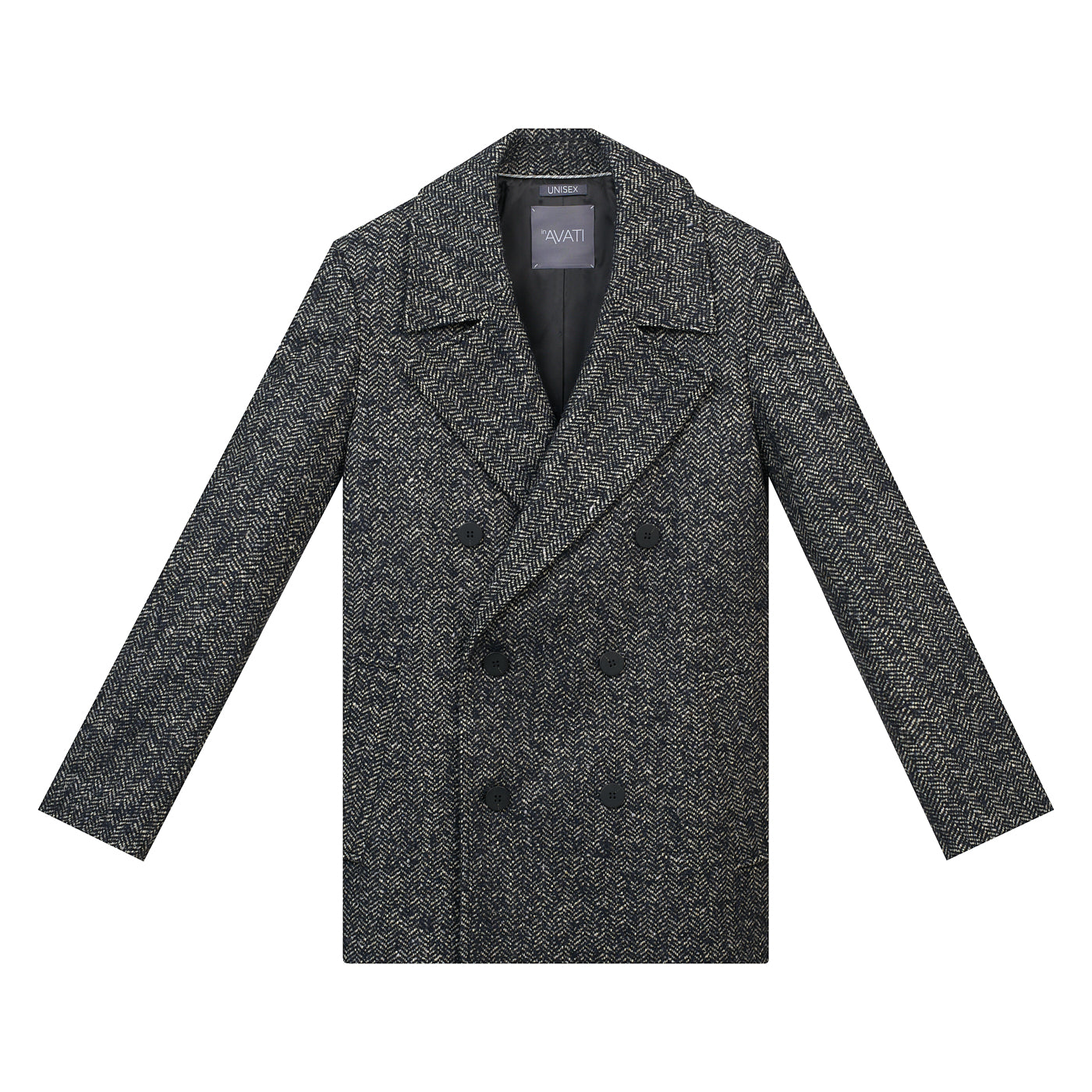 UNISEX DOUBLE-BREASTED WOOL COAT IN HERRINGBONE PATTERN – InAvati