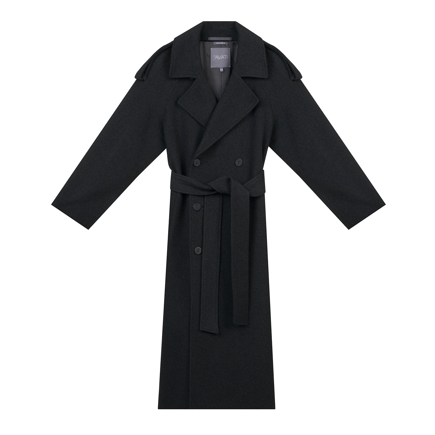 UNISEX LONG ANTHRACITE DOUBLE-BREASTED WOOL COAT