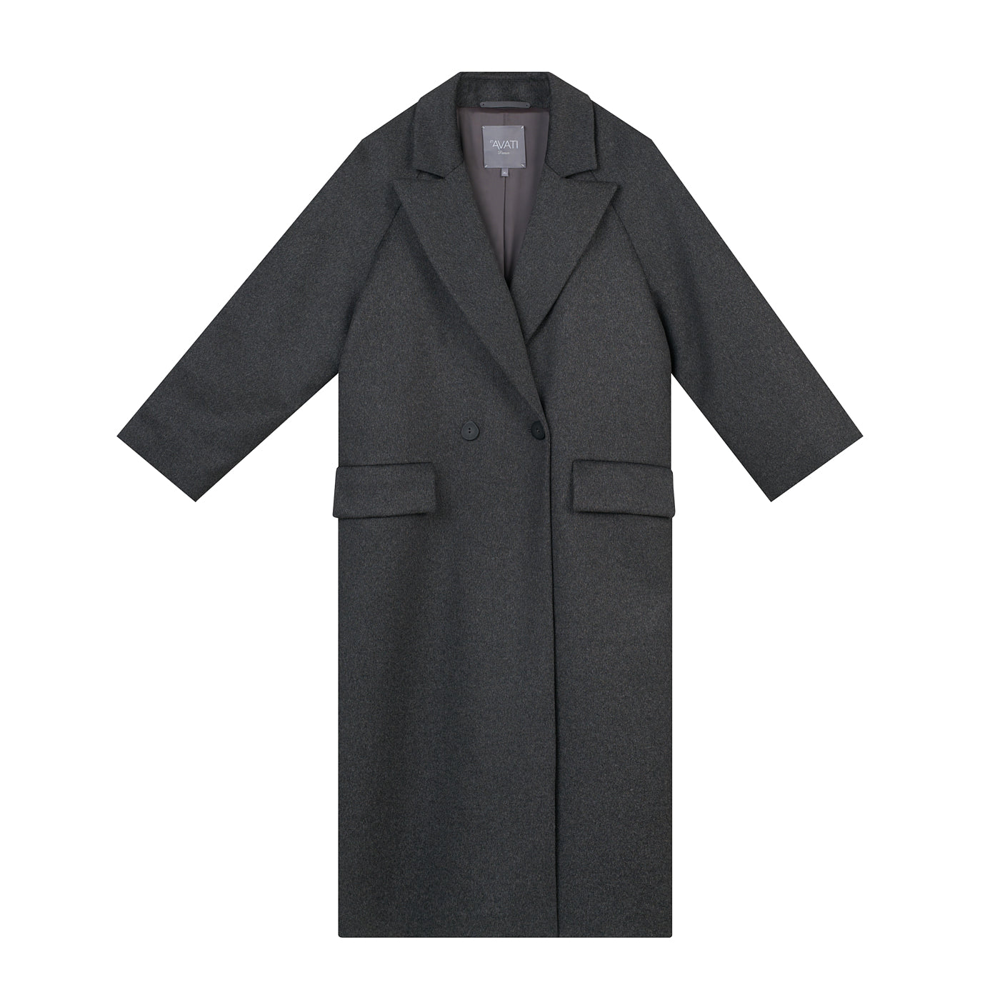 LONG DARK GREY WOOL COAT WITH RAGLAN SLEEVES