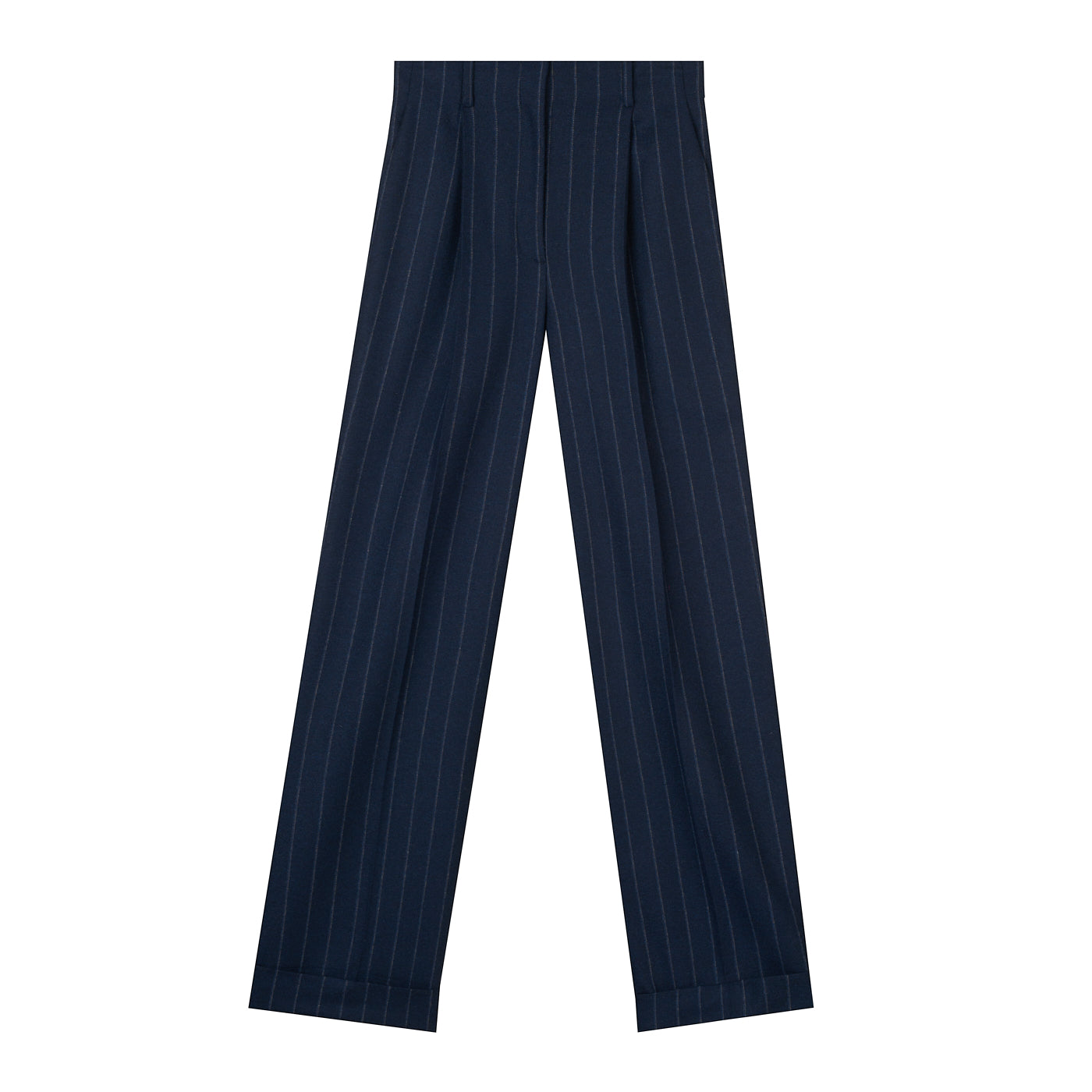 NAVY WOOL PINSTRIPE TROUSERS