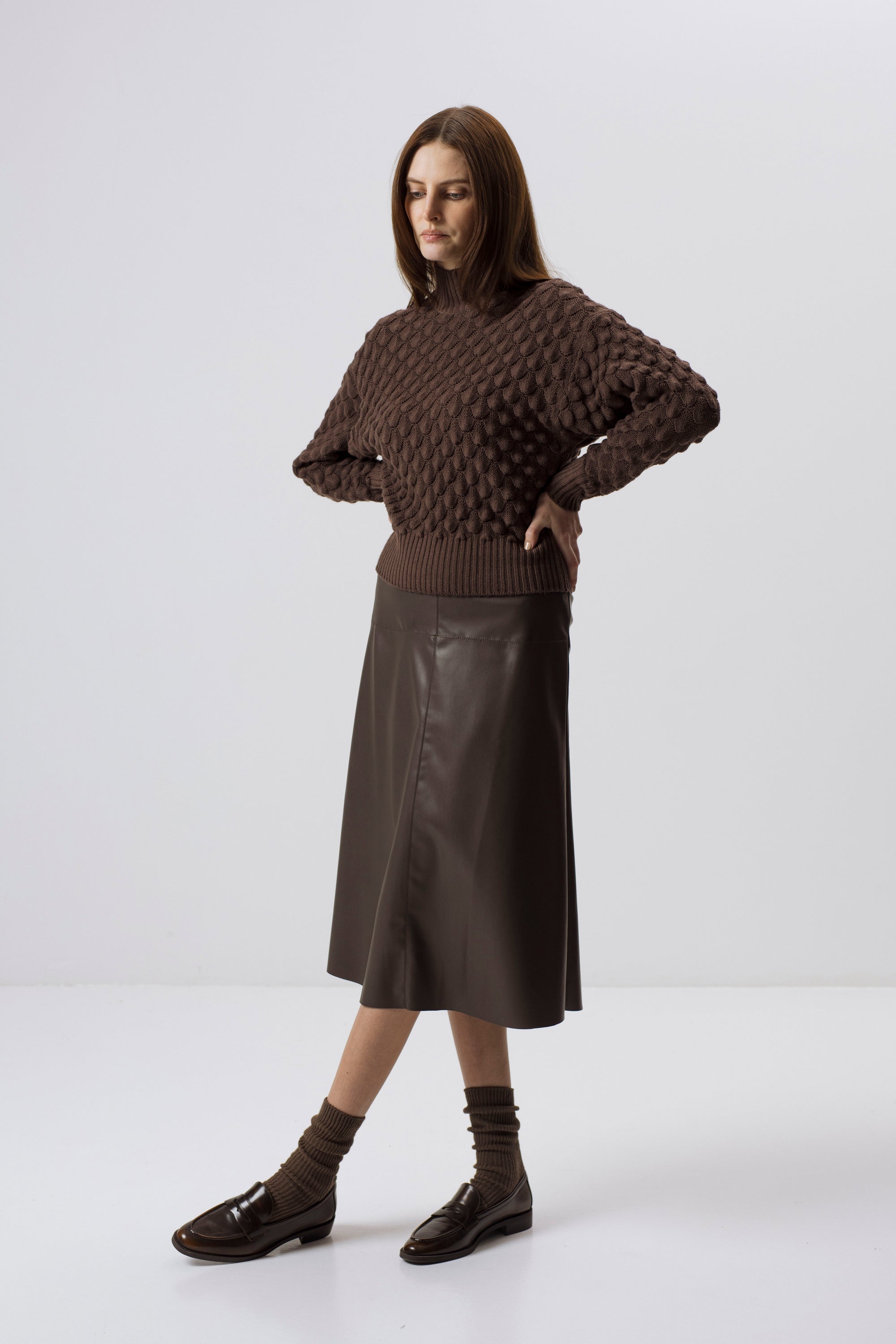 BROWN FAUX LEATHER MIDI SKIRT