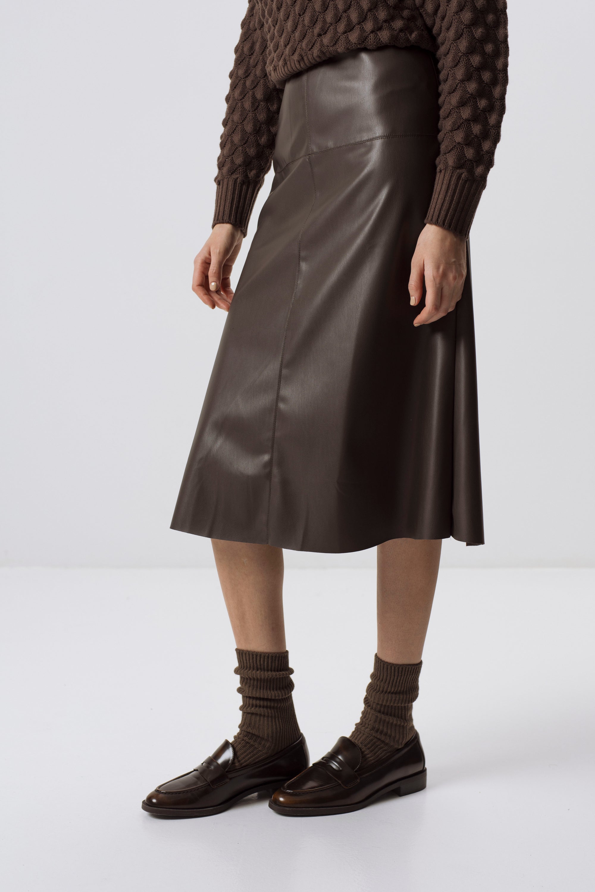 BROWN FAUX LEATHER MIDI SKIRT