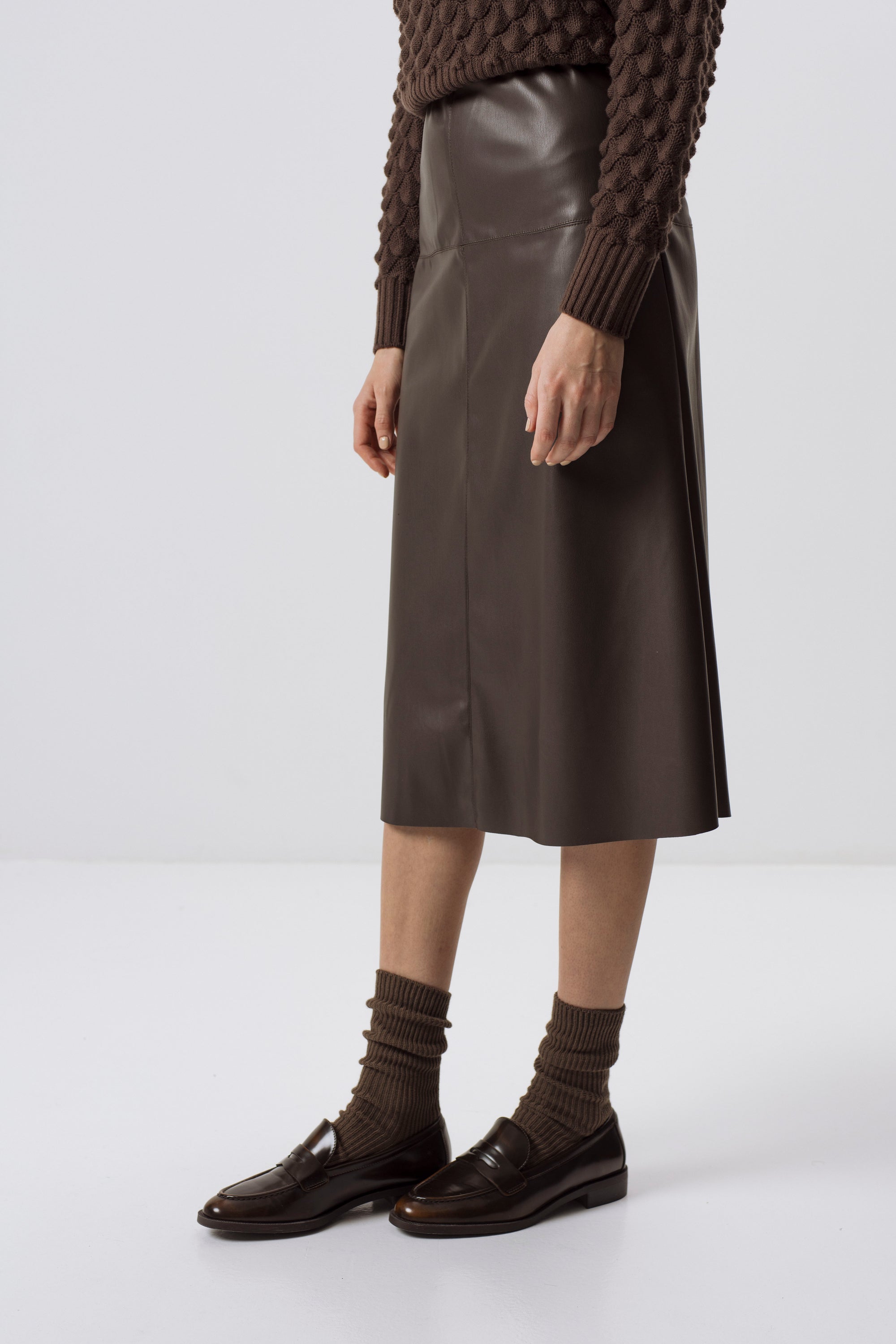 BROWN FAUX LEATHER MIDI SKIRT