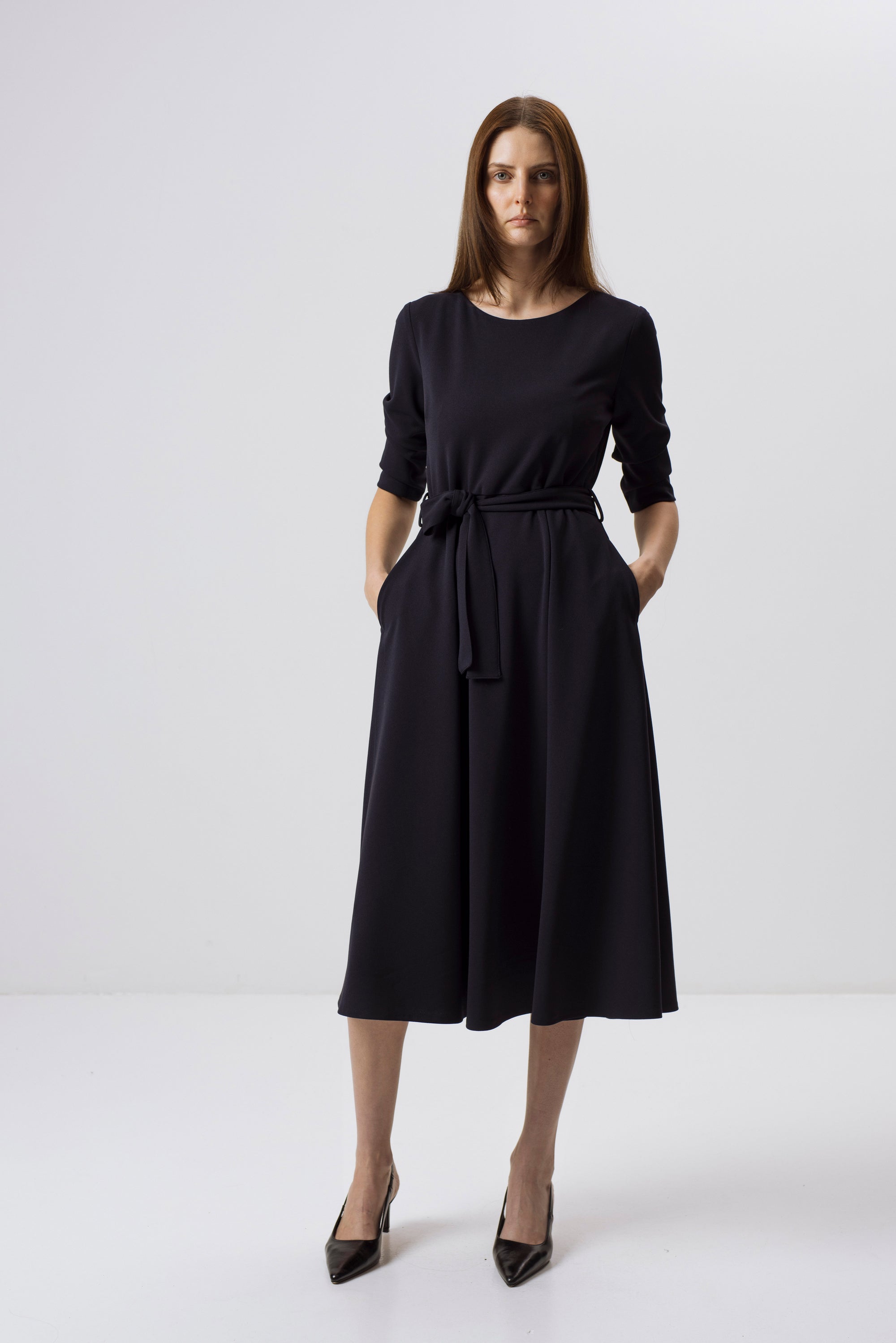 NAVY MIDI DRESS WITH TIE BELT