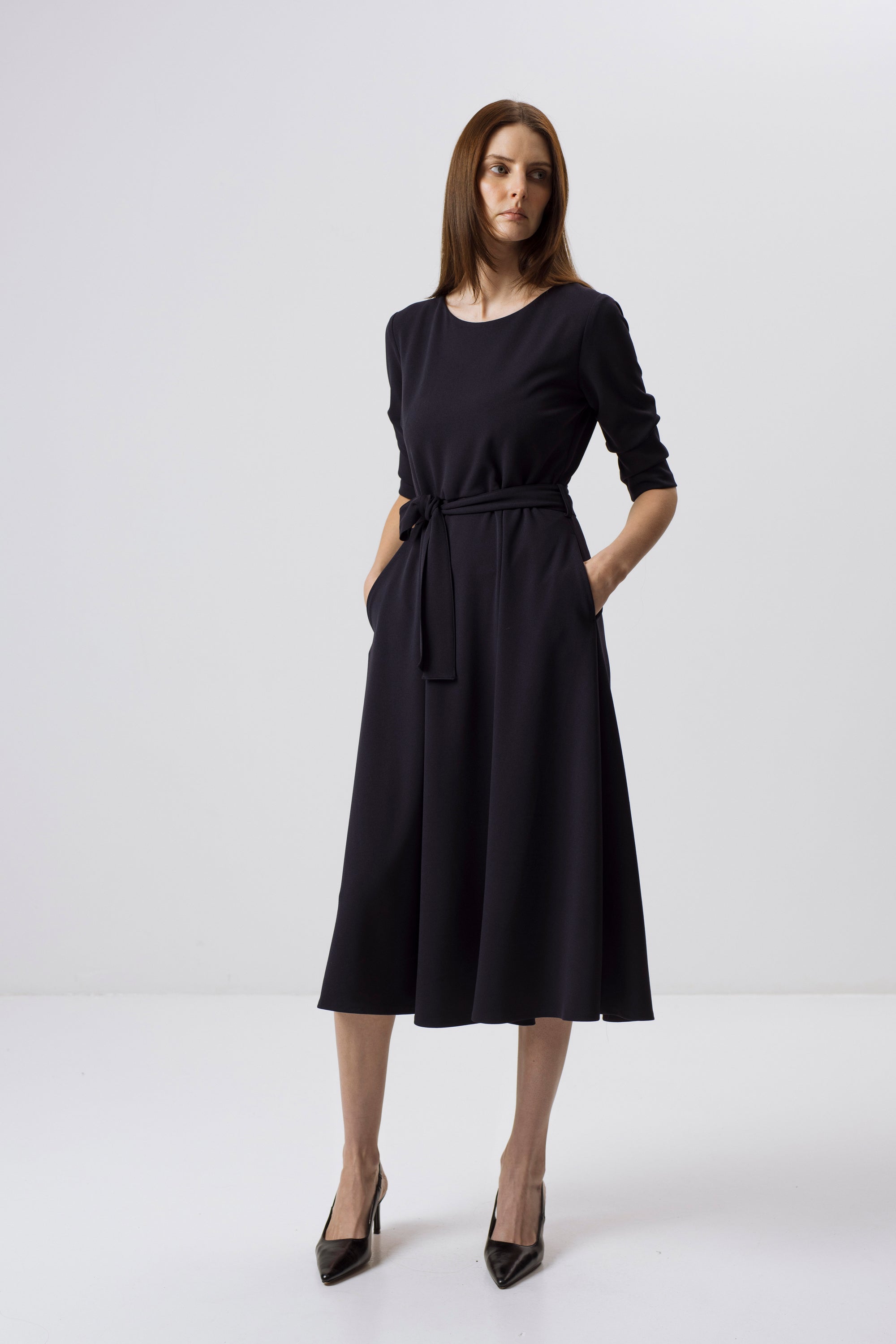 NAVY MIDI DRESS WITH TIE BELT