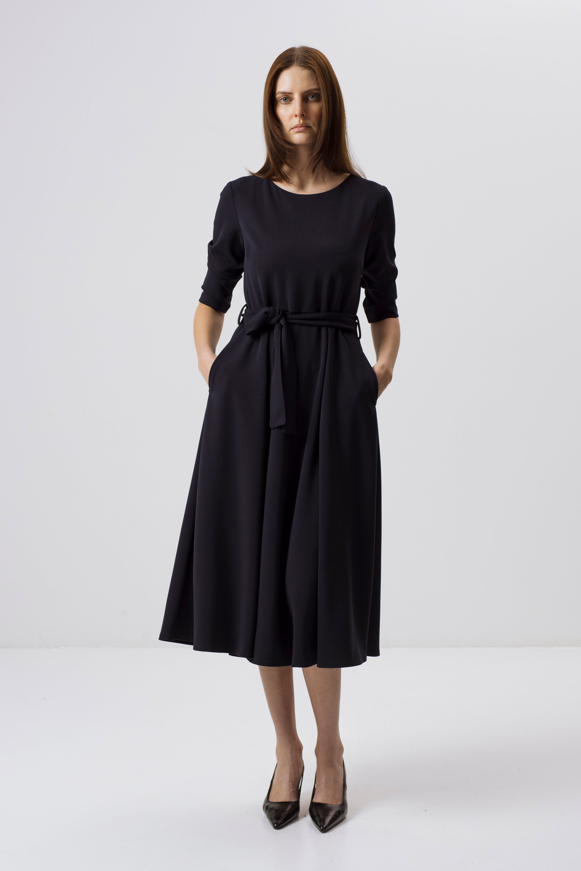 NAVY MIDI DRESS WITH TIE BELT