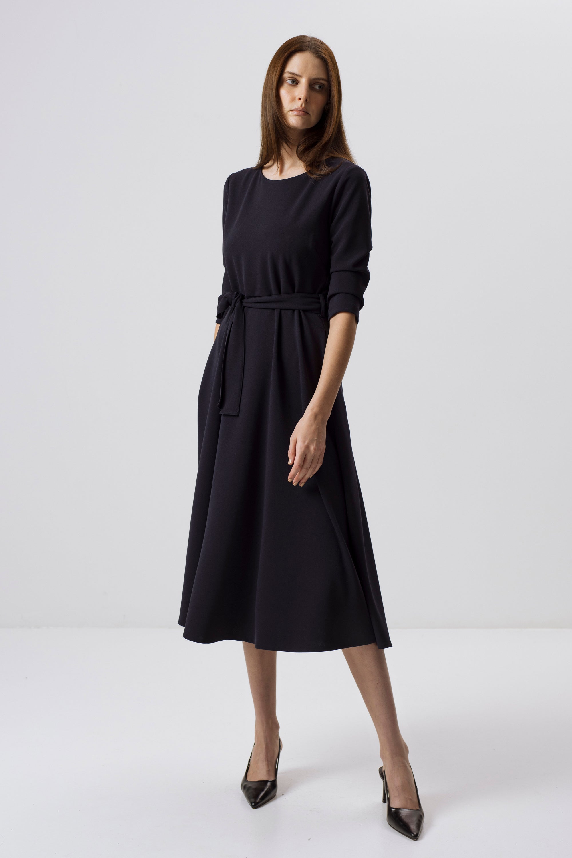 NAVY MIDI DRESS WITH TIE BELT