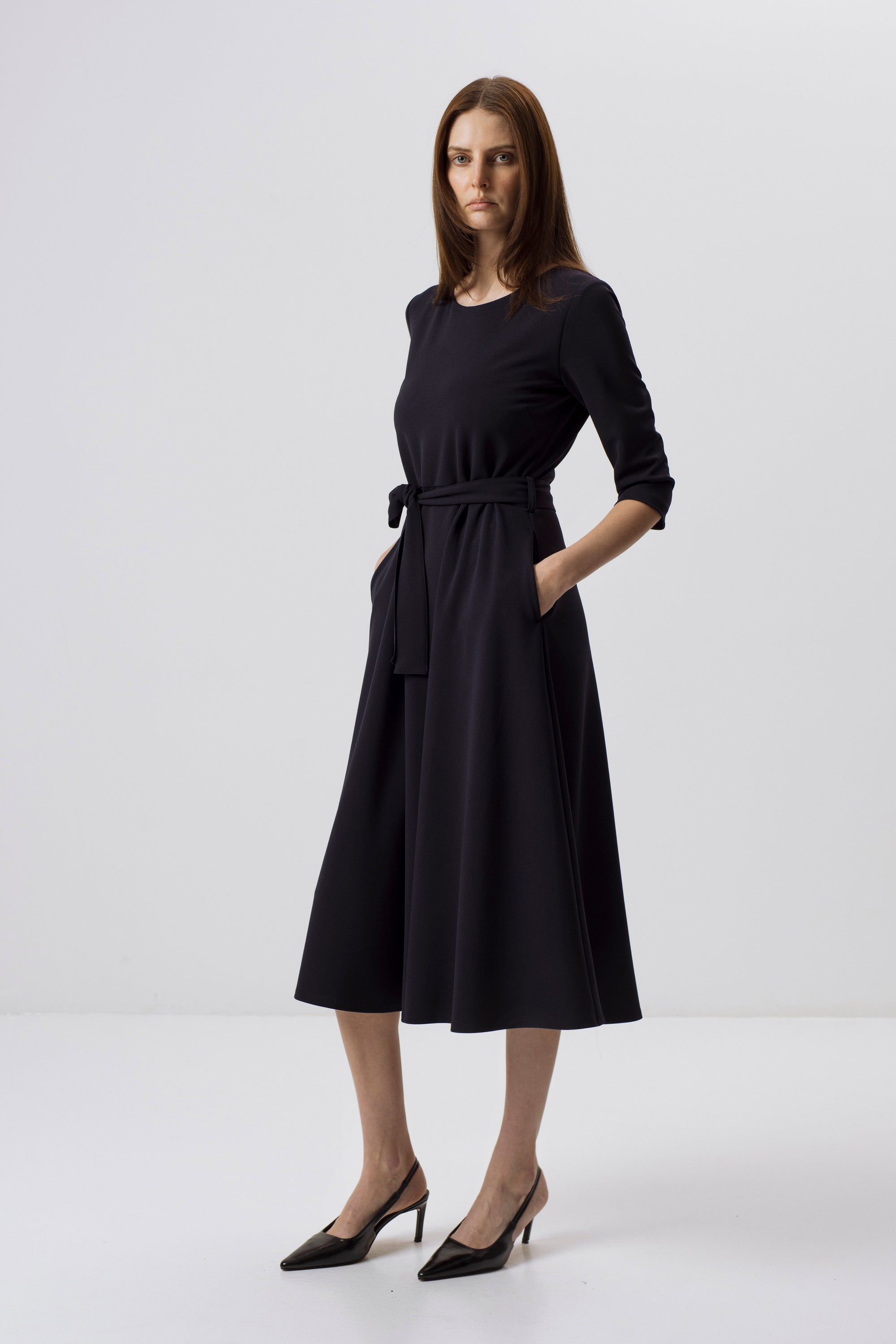 NAVY MIDI DRESS WITH TIE BELT