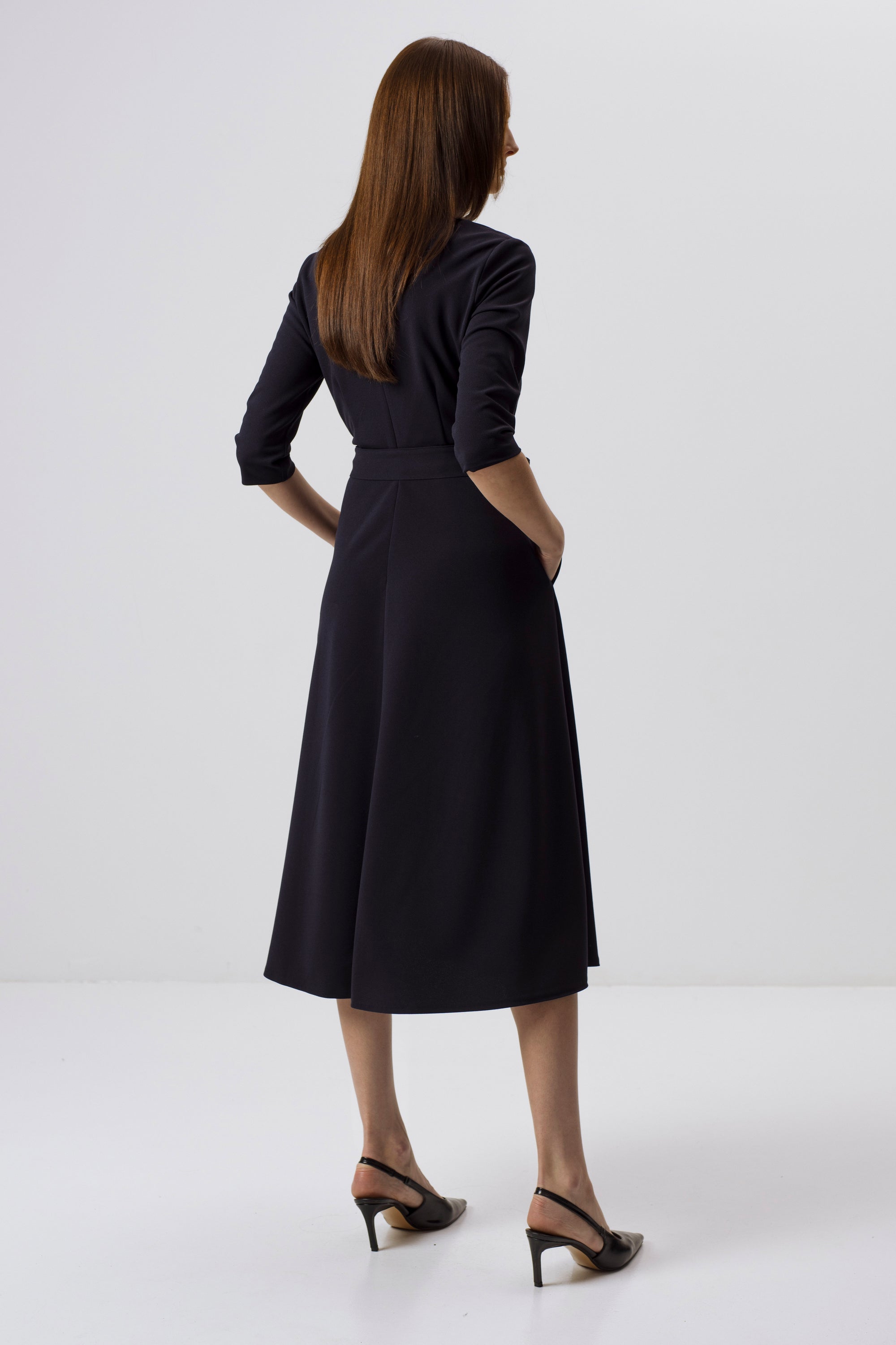 NAVY MIDI DRESS WITH TIE BELT