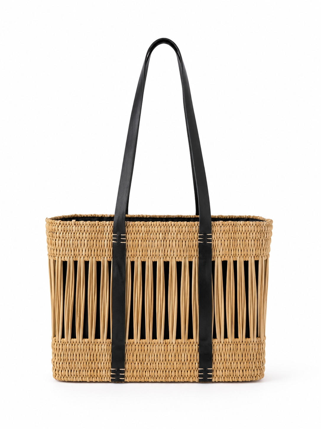 HANDMADE BULRUSH BASKET BAG WITH BLACK LEATHER DETAILS