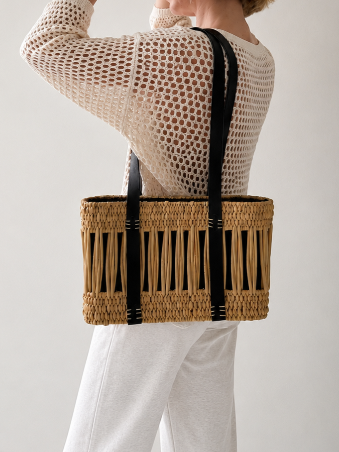 HANDMADE BULRUSH BASKET BAG WITH BLACK LEATHER DETAILS