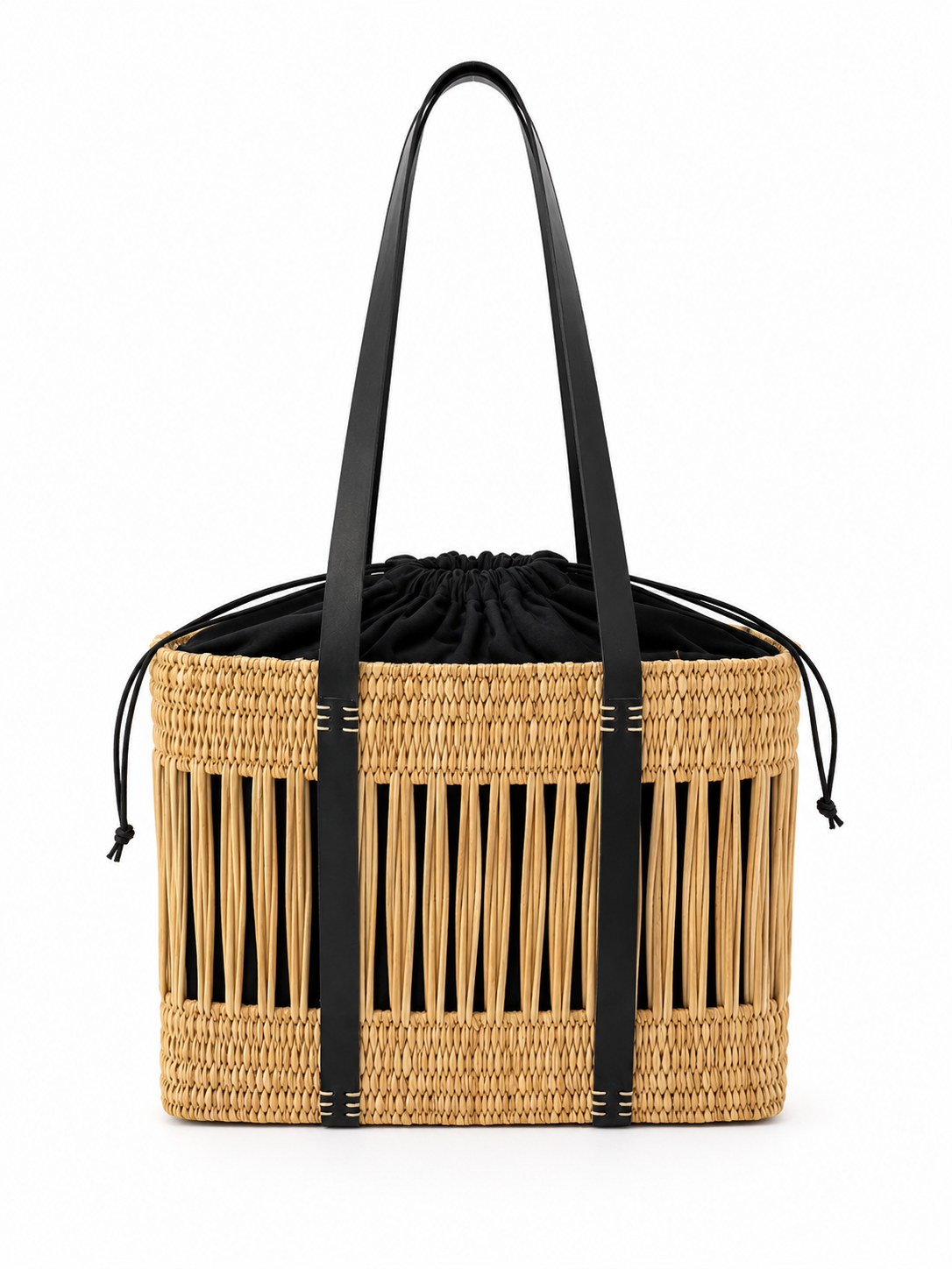 HANDMADE BULRUSH BASKET BAG WITH BLACK LEATHER DETAILS