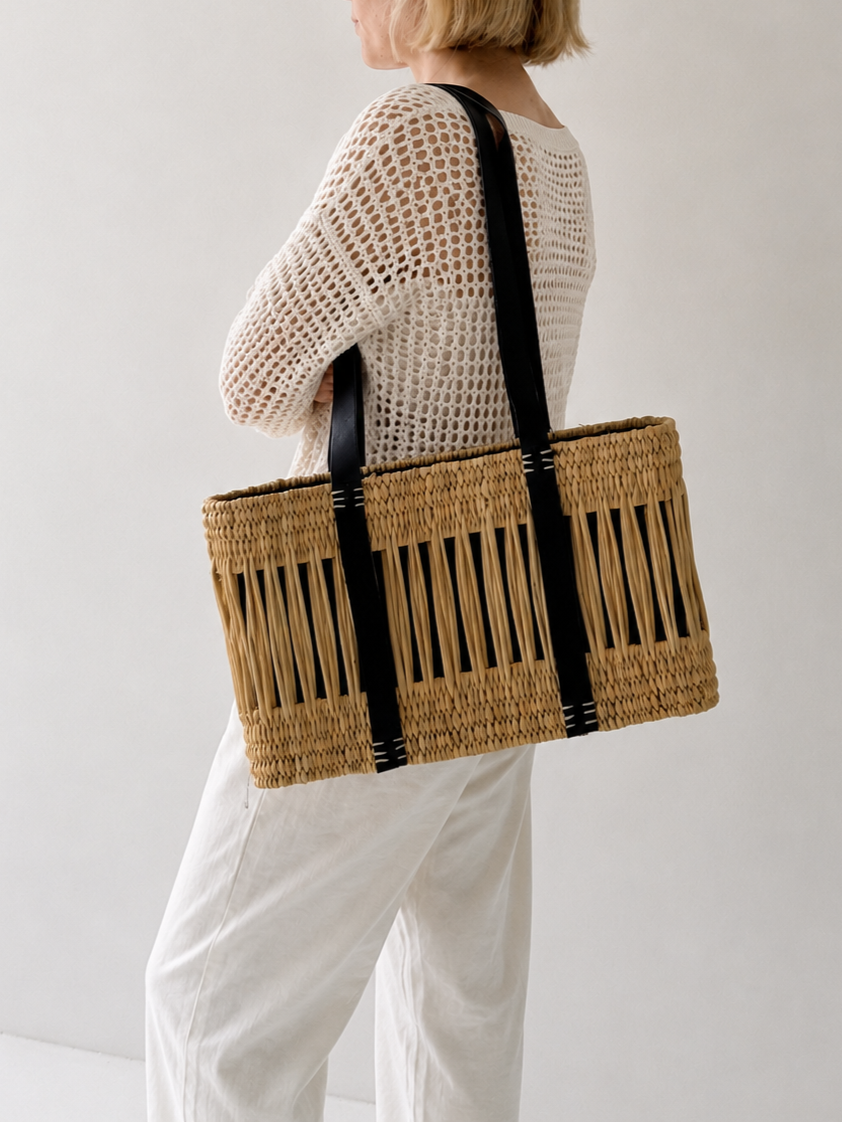 HANDMADE BULRUSH BASKET BAG WITH BLACK LEATHER DETAILS