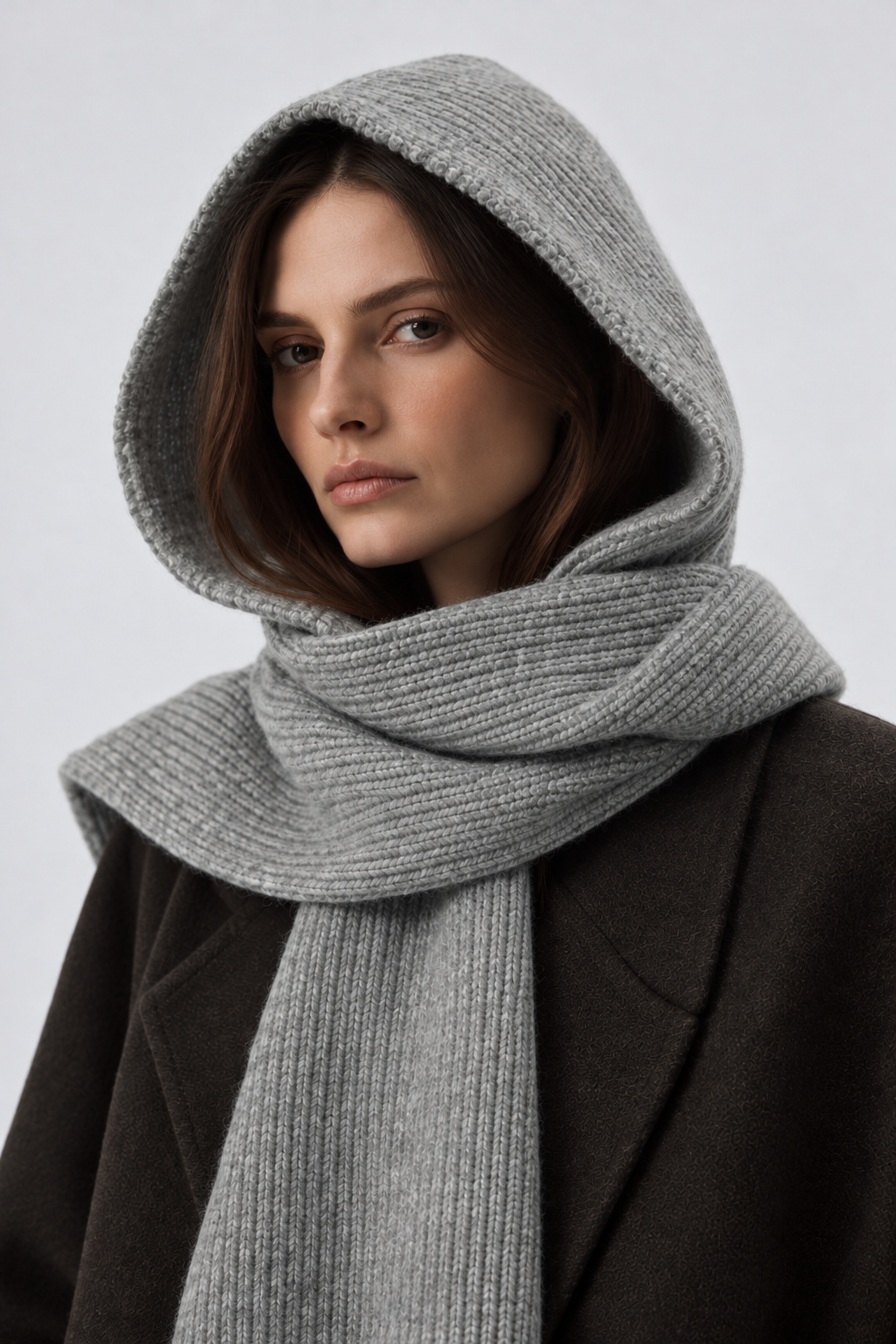 GRAUER GESTRICKTER SCHAL MIT KAPUZE